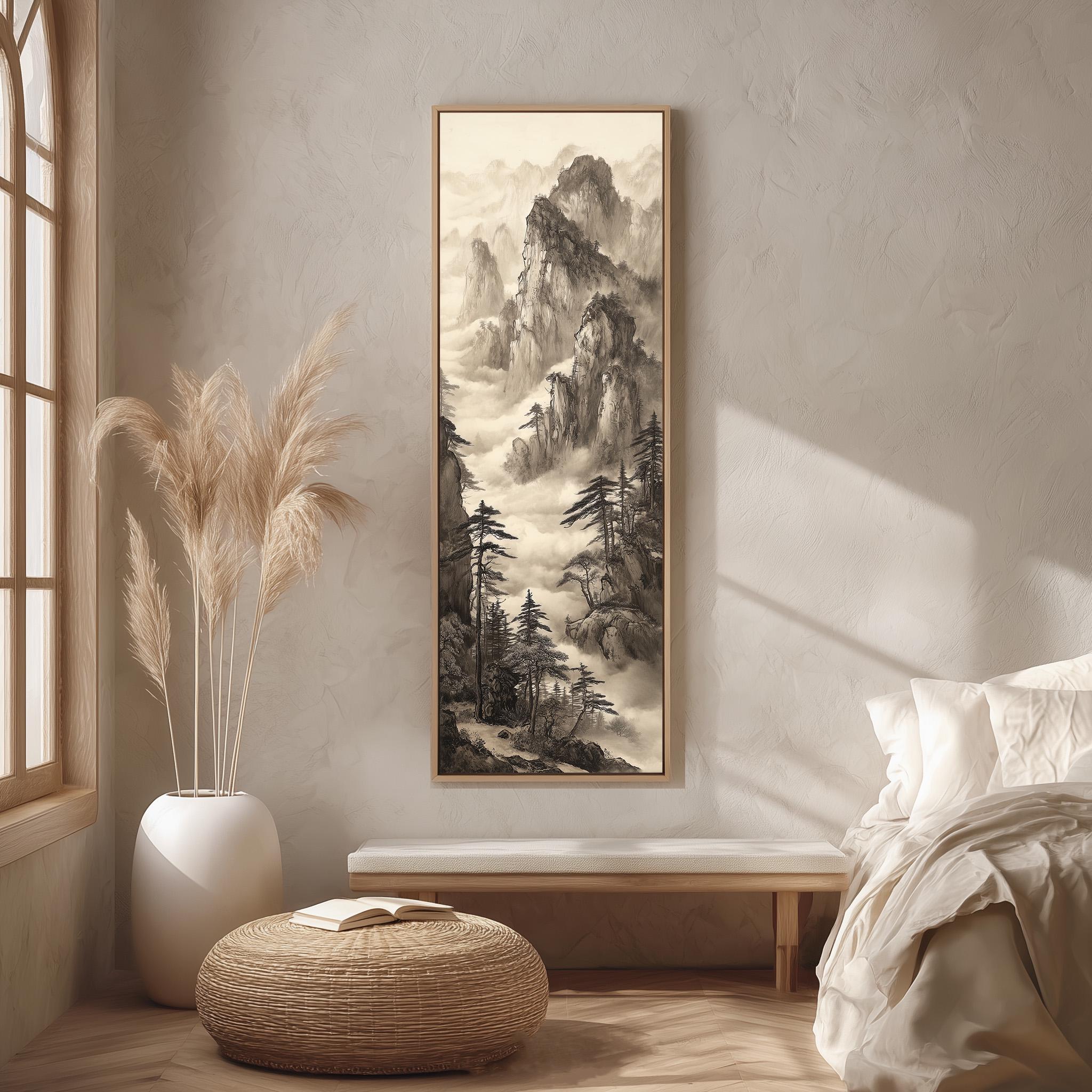a serene bedroom scene with a large landscape painting hanging on the wall, a white bed with a white pillow, a white vase with tall potted plants, and a woven ottoman.