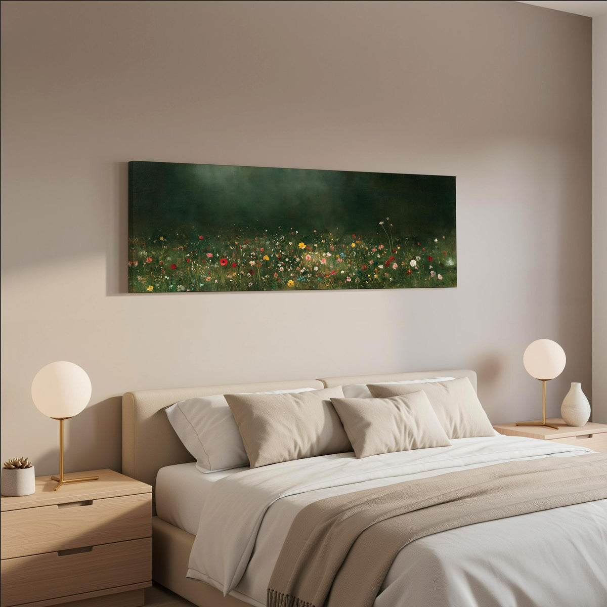 Wildflower meadow at the edge of a dark forest wide panoramic canvas print above a bed in a neutral bedroom