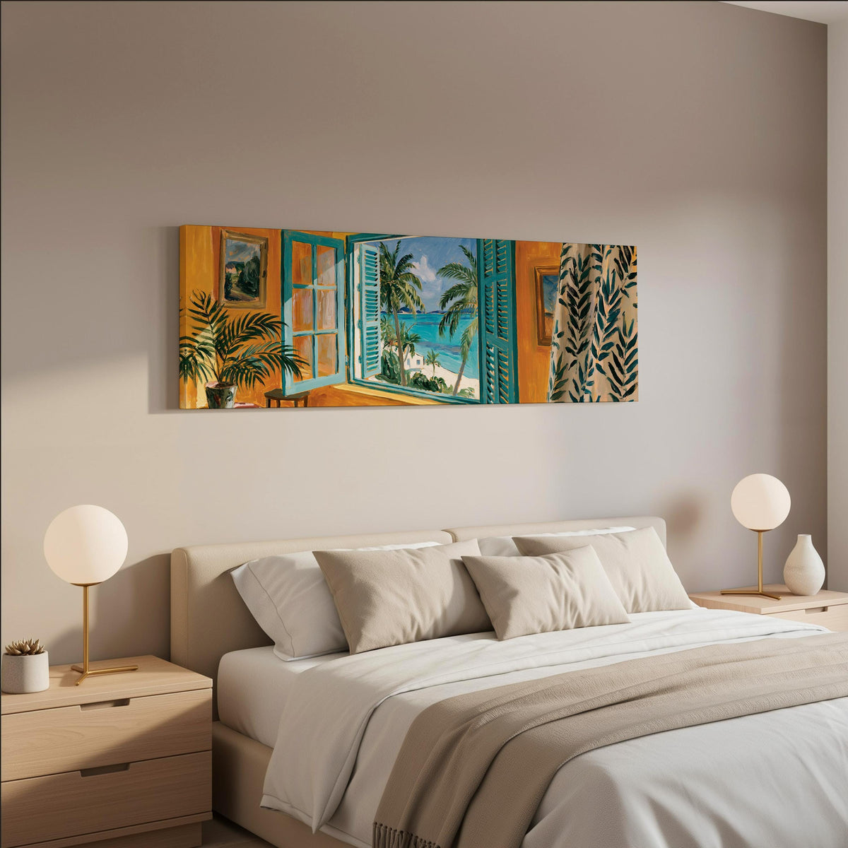 Beach house window overlooking palms and sea wide panoramic canvas print above a bed in a neutral bedroom