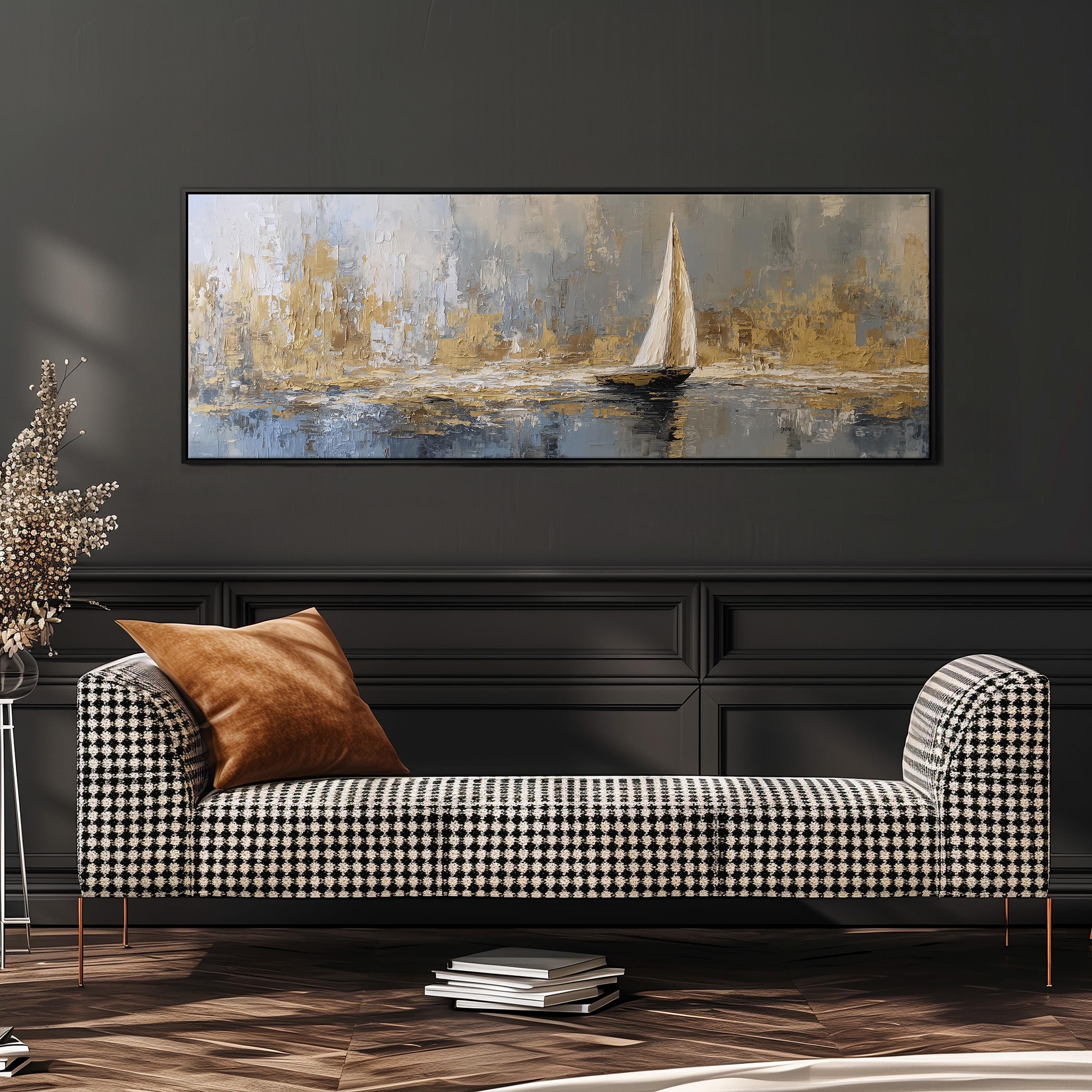 a large painting of a sailboat on a body of water, hanging on a wall above a black and white checkered sofa.