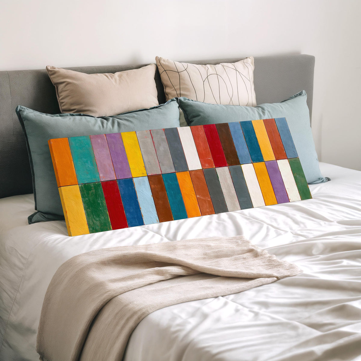 Bright color block rows wide panoramic canvas print laid on a bed to show its size