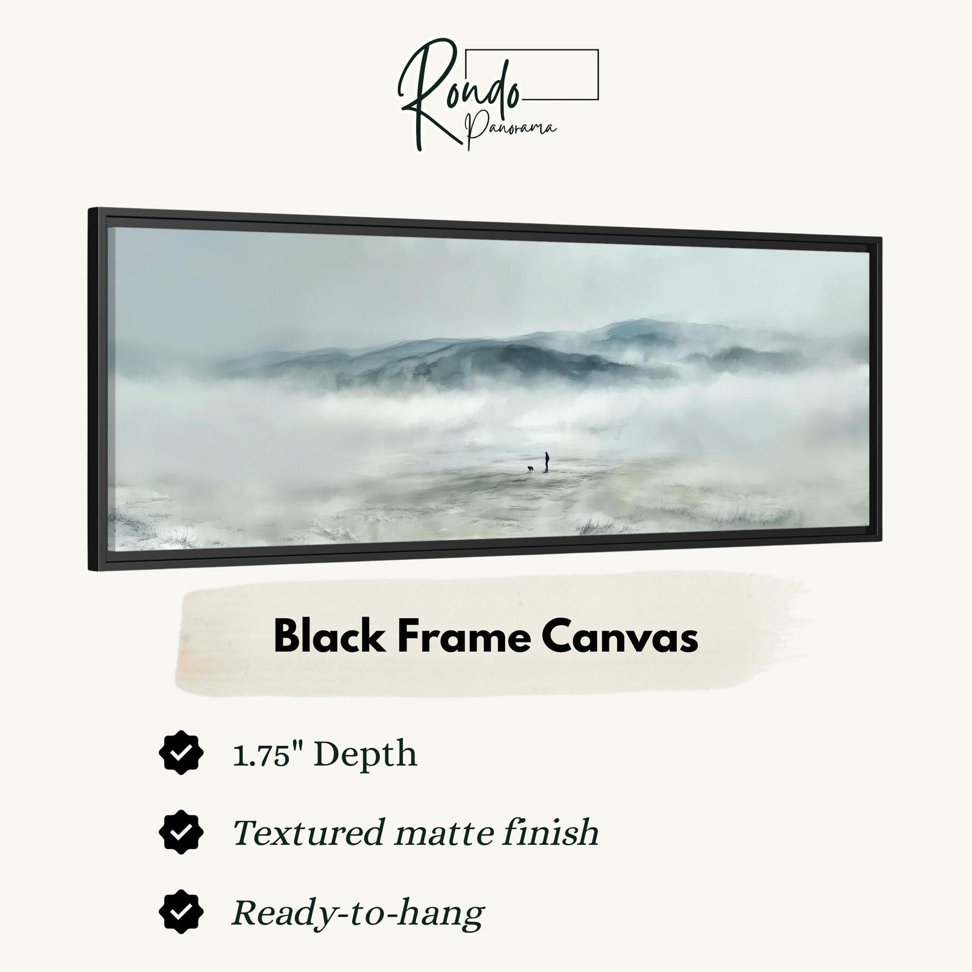 The image is a black frame canvas depicting a landscape with a misty mountain range in the background.