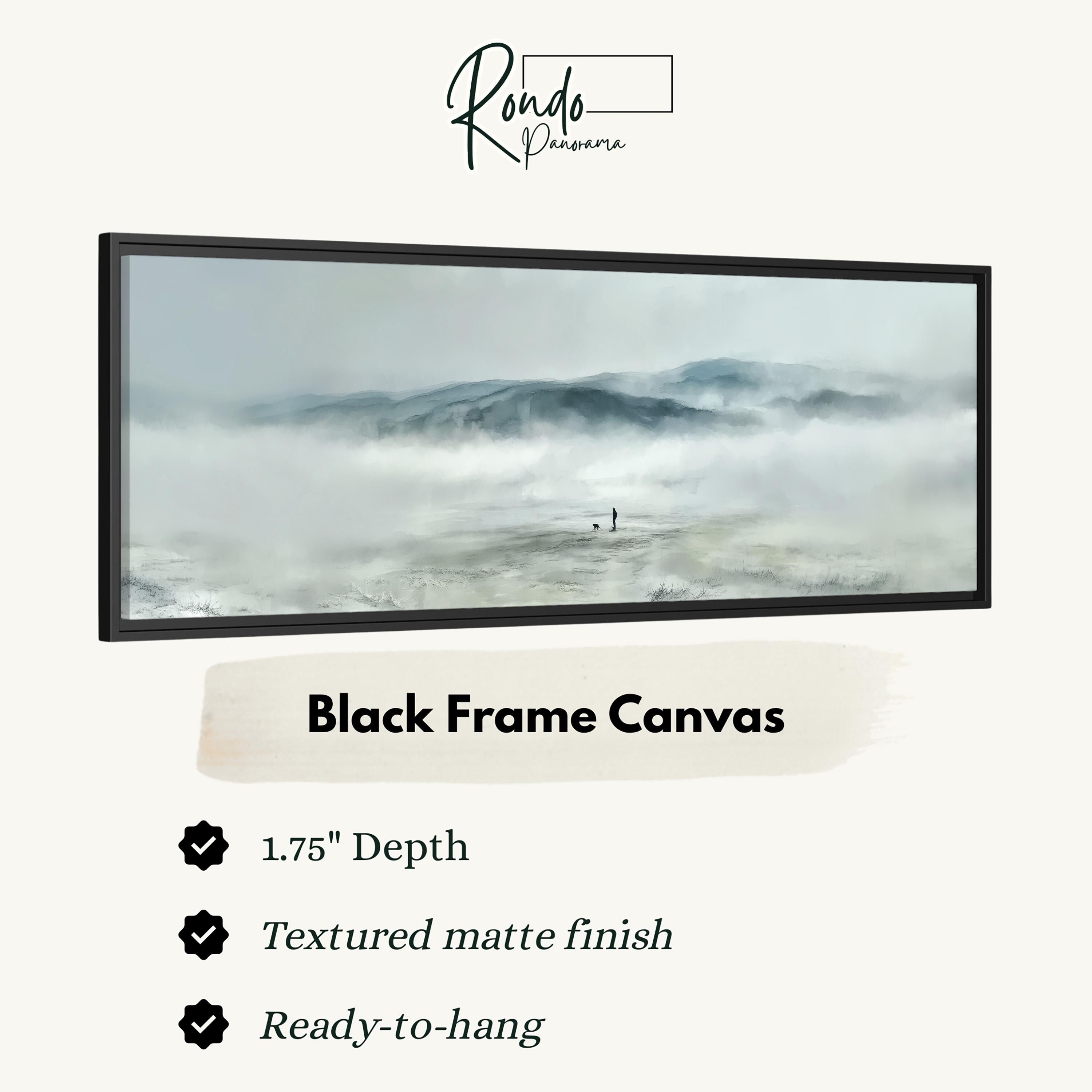The image is a black frame canvas depicting a landscape with a misty mountain range in the background.