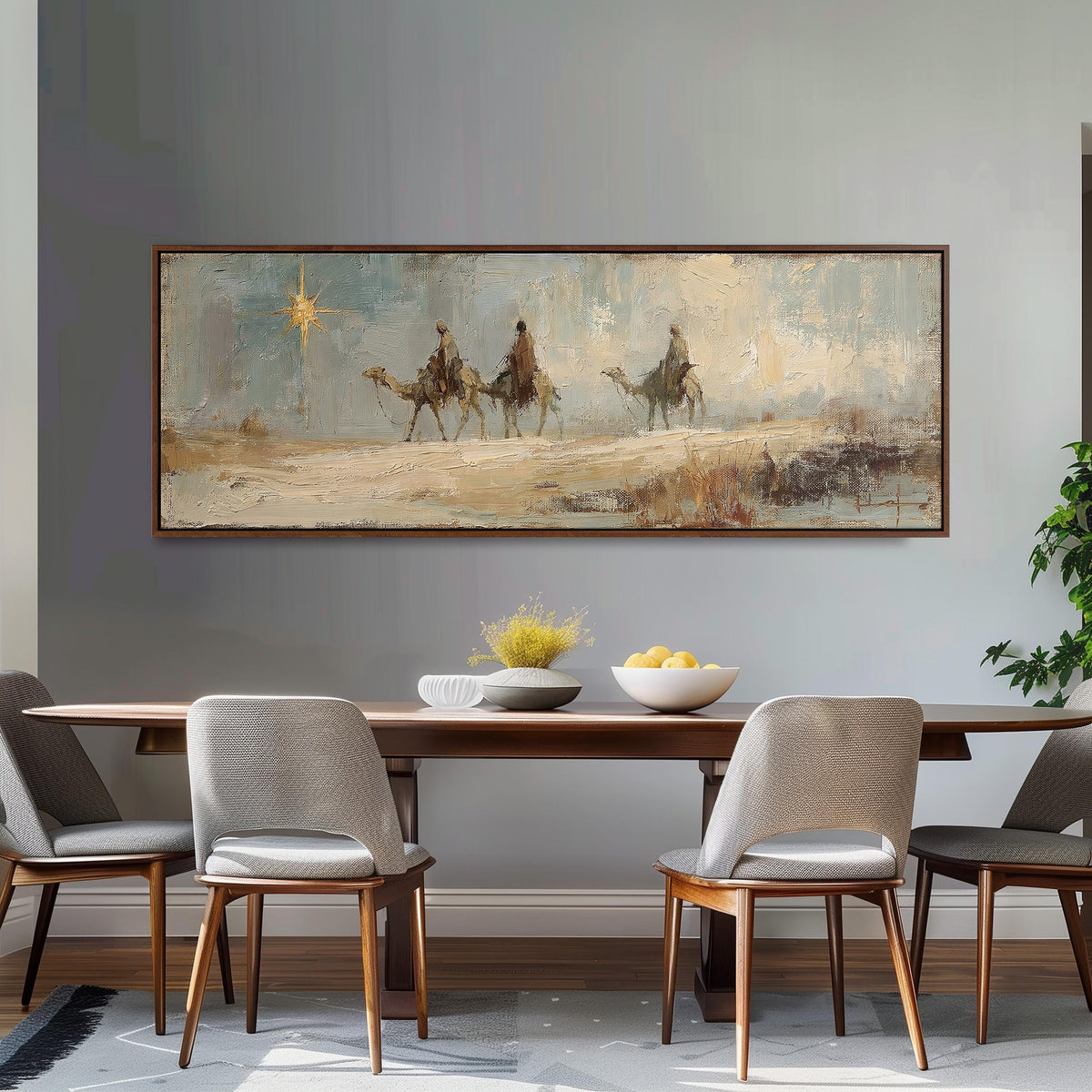 Wise men on camels following the star long horizontal canvas print above a dining table