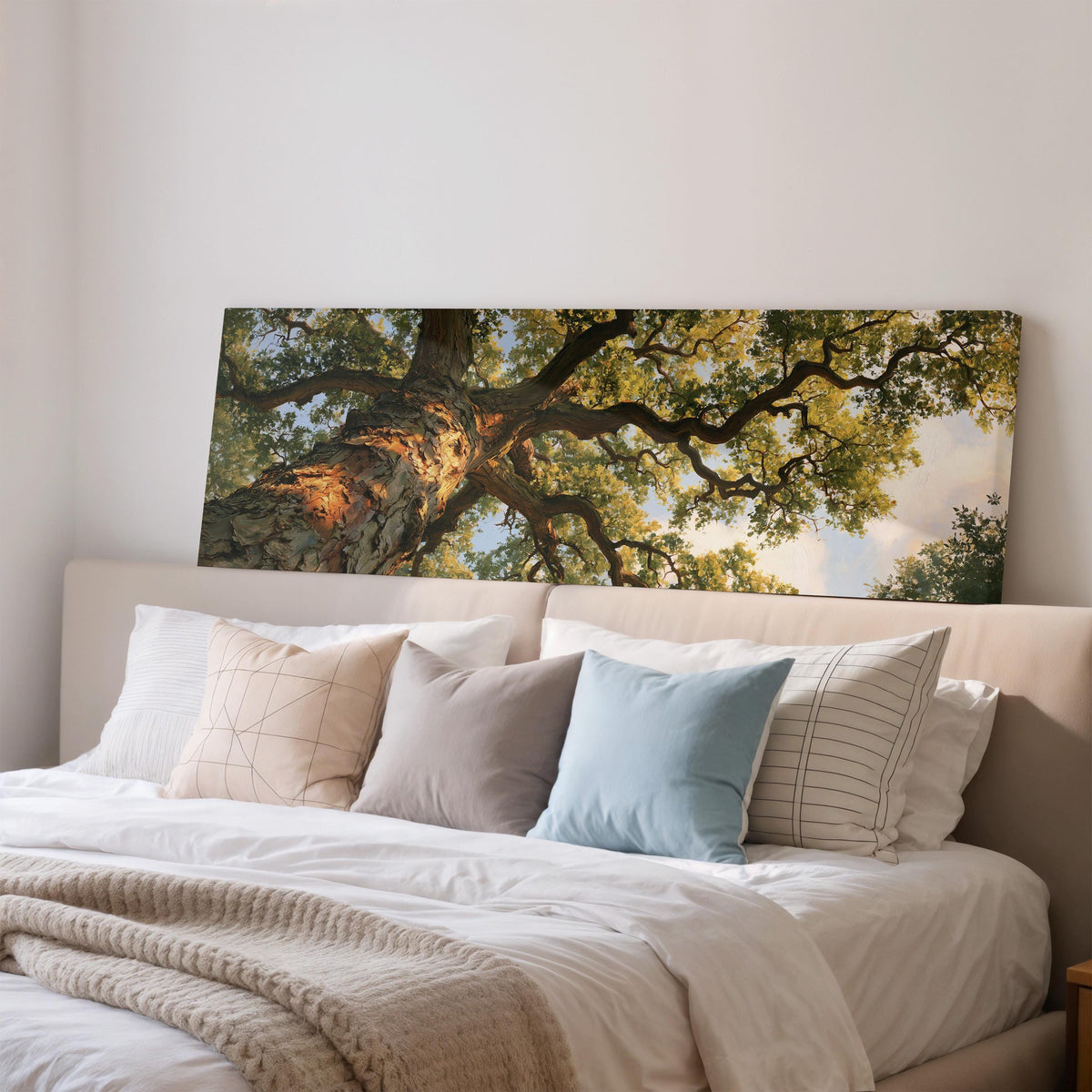 Twisting oak branch from below long horizontal canvas print displayed on a wall