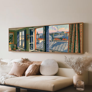 Paris chimneys and rooftops from a sunny window long horizontal canvas print above a sofa in a living room