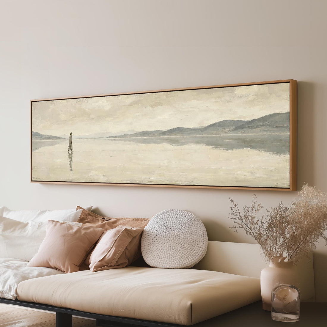 Jesus walking on still water long horizontal canvas print above a sofa in a living room