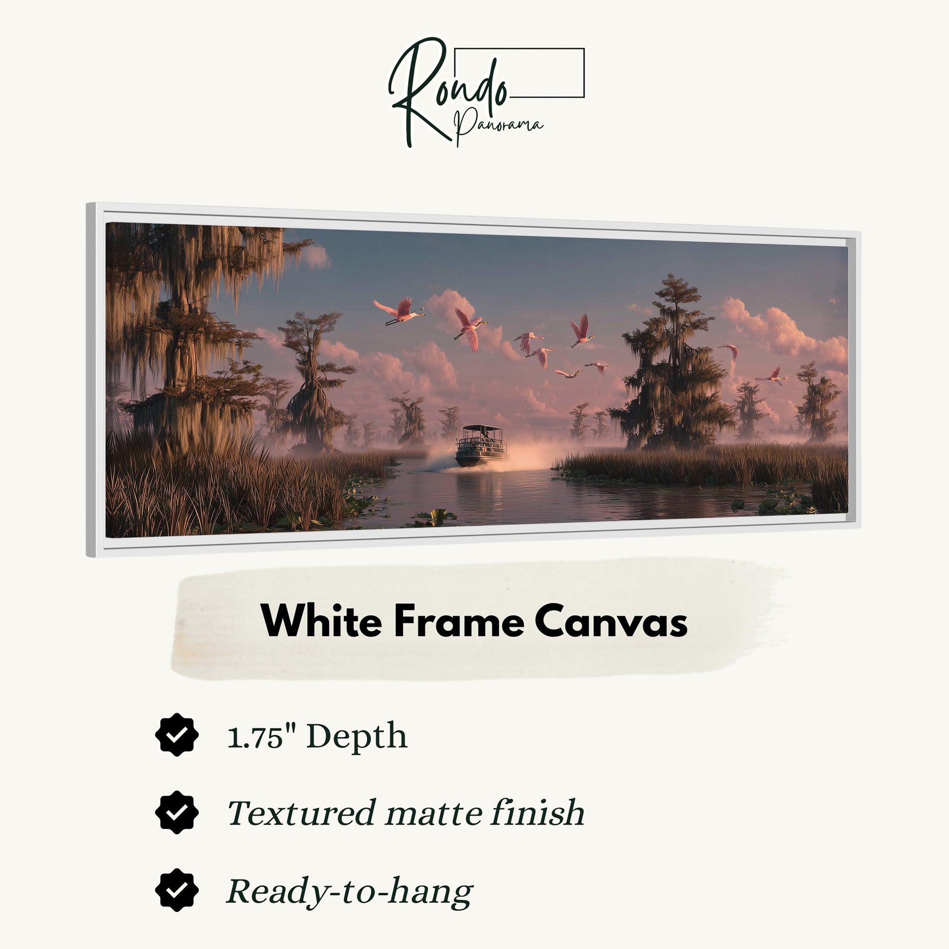 The image is a white frame canvas depicting a serene landscape with a boat on a river, surrounded by trees and birds flying overhead.