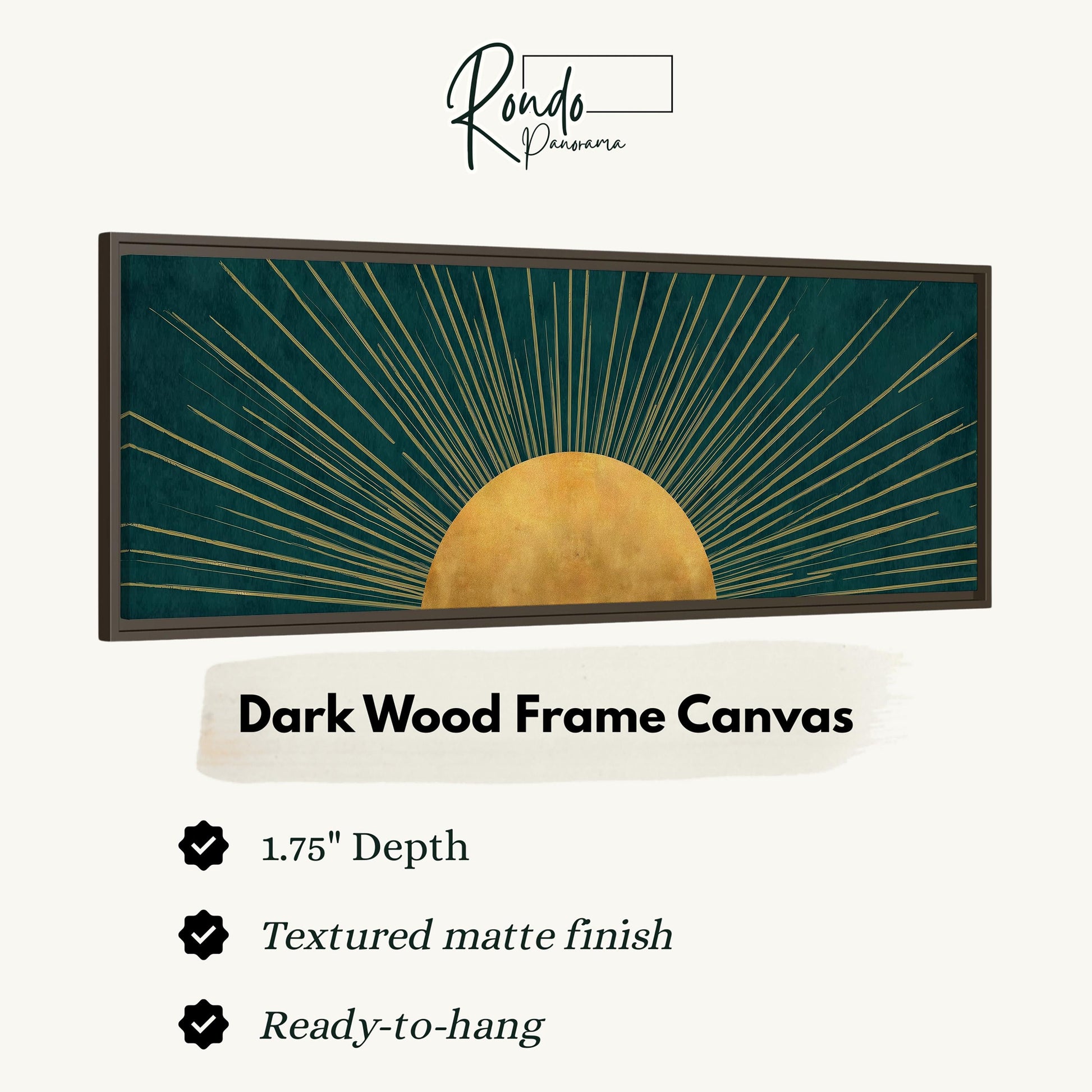 The image is a dark wood frame canvas featuring a sunburst design in shades of green and gold.