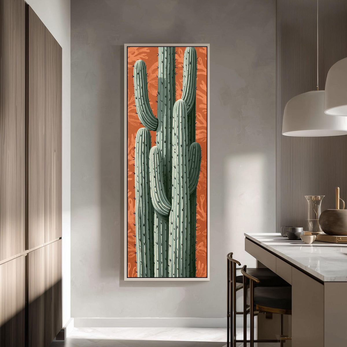 Saguaro cactus on a patterned terracotta background tall skinny canvas print in a modern kitchen