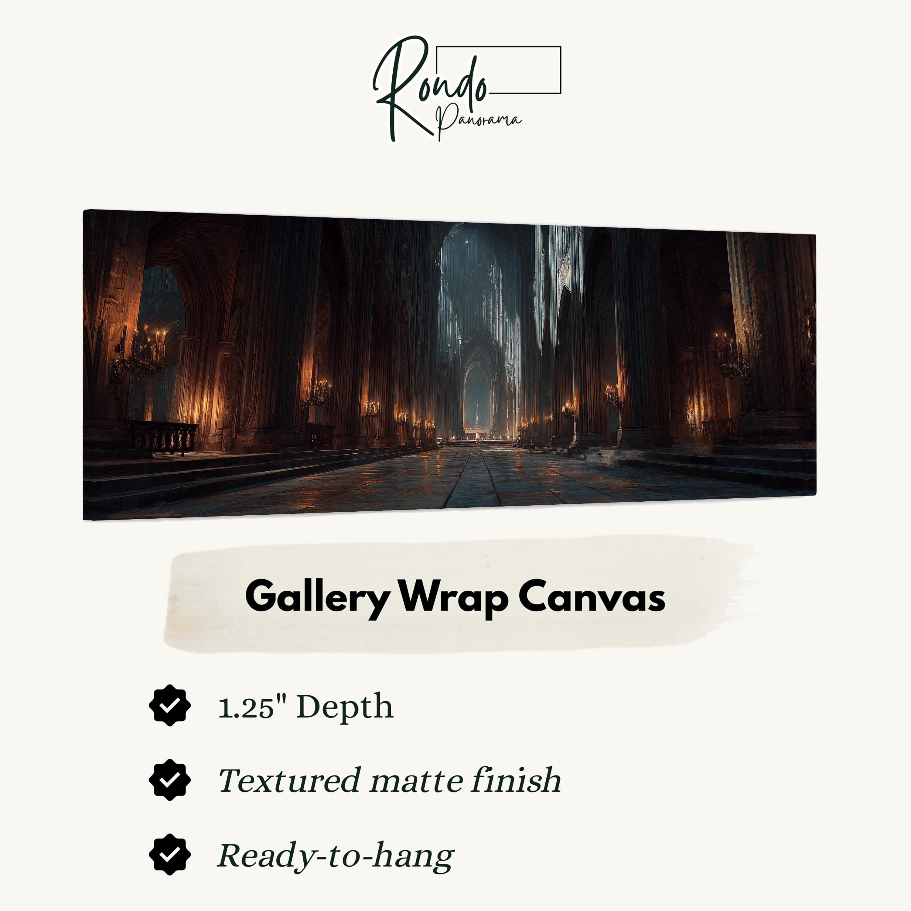 The image is a gallery wrap canvas featuring a medieval castle with a long hallway and a dark, mysterious atmosphere.
