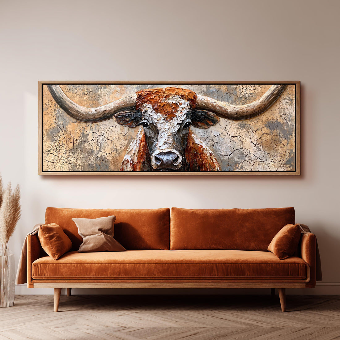Longhorn close up on cracked plaster long horizontal canvas print above a sofa in a living room