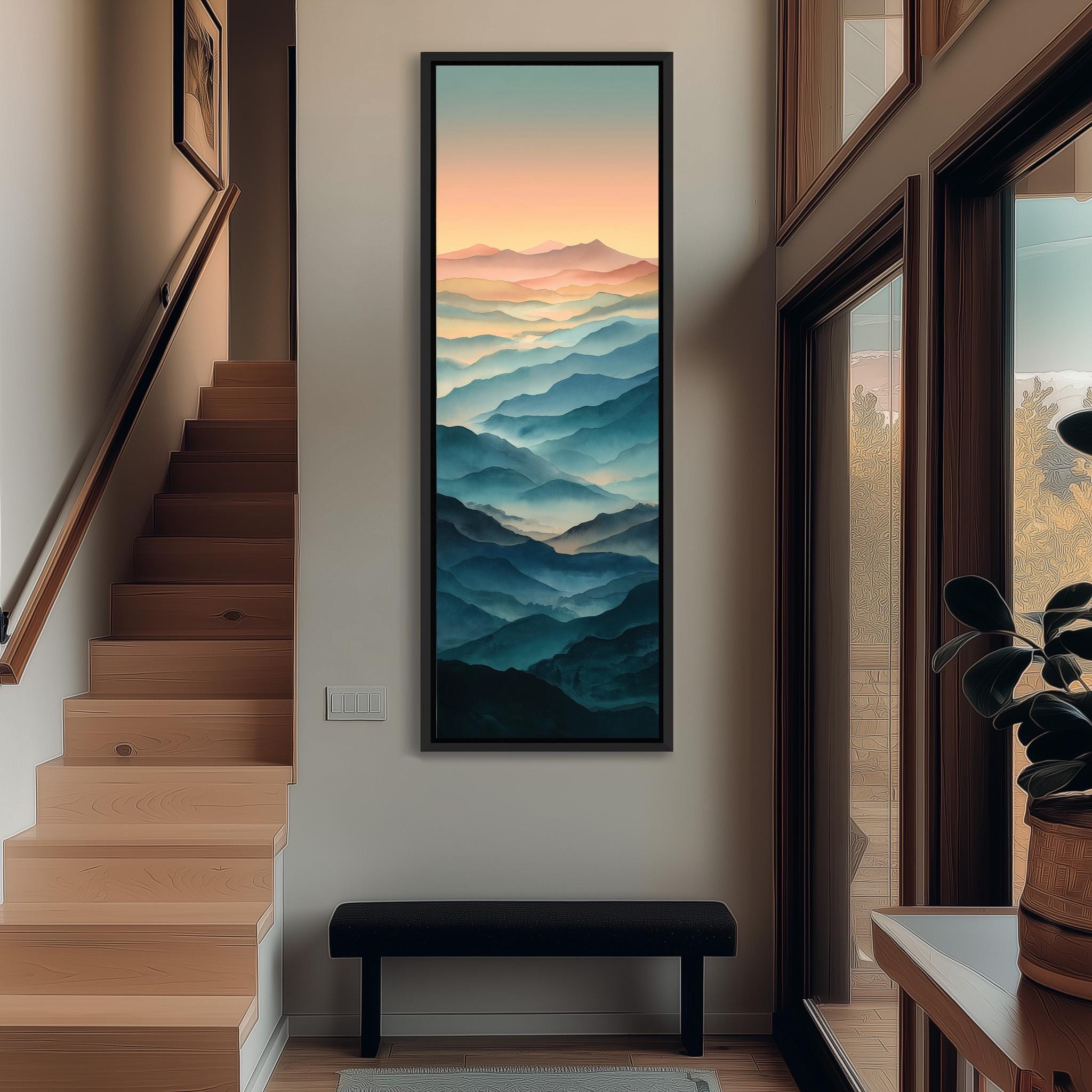 a hallway with a large painting of mountains hanging on the wall, a wooden staircase, and a bench in the foreground.