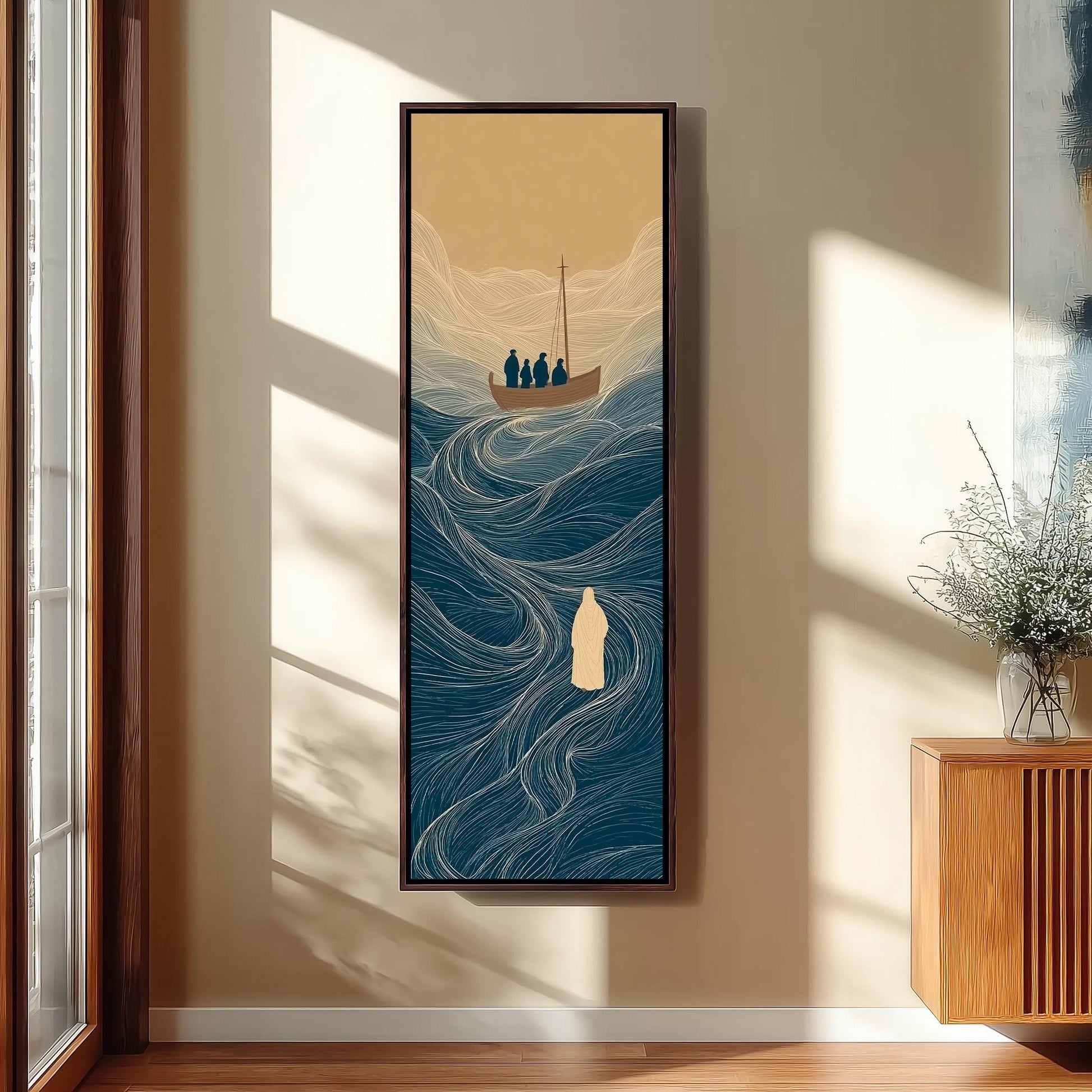 a large, rectangular painting hanging on a wall, depicting a boat sailing on a blue ocean with a group of people aboard.