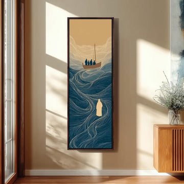 a large, rectangular painting hanging on a wall, depicting a boat sailing on a blue ocean with a group of people aboard.