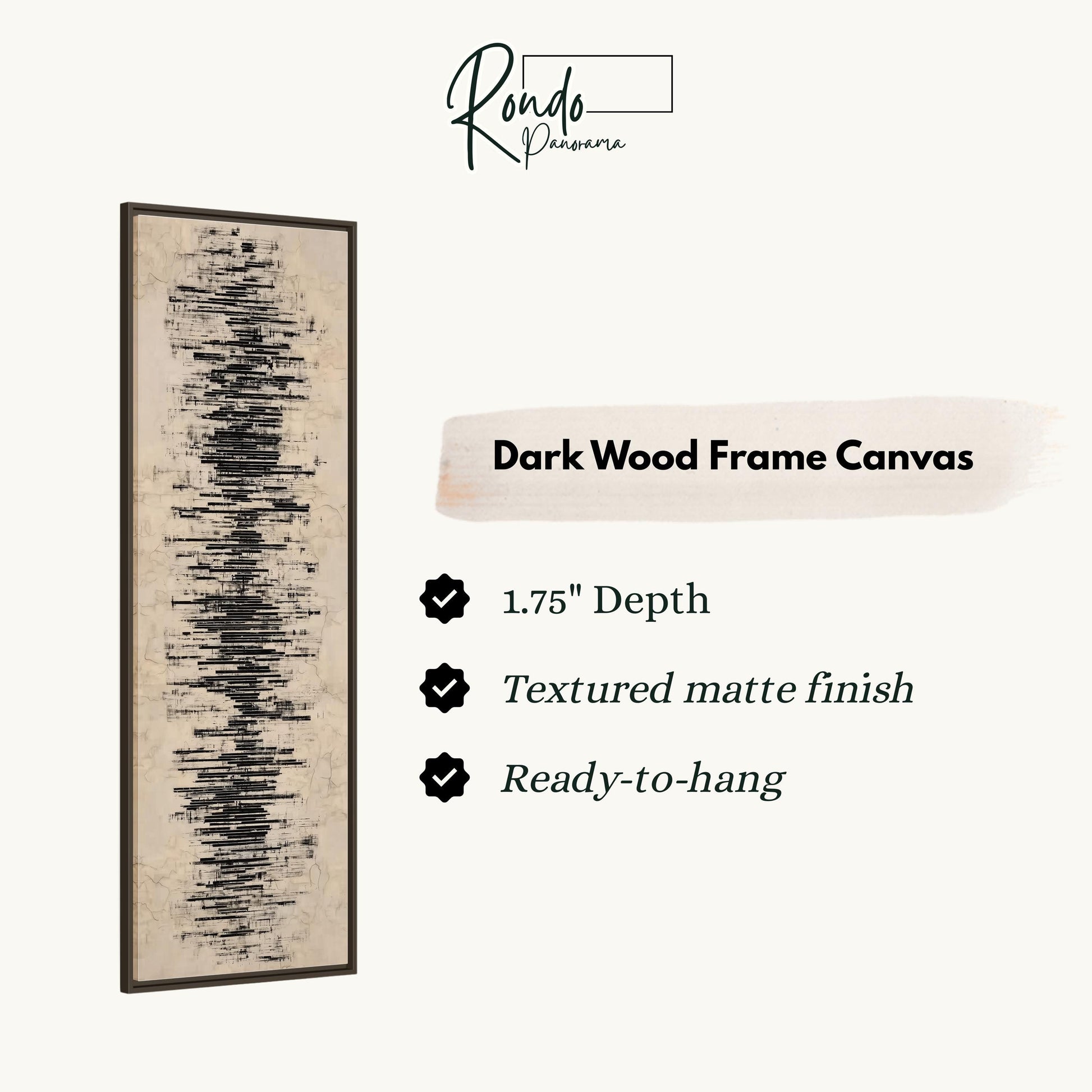 The image is a product description for a dark wood frame canvas. It features a vertical line design with a textured finish and is described as having a 1.75" depth, a textured matte finish, and being ready to hang.