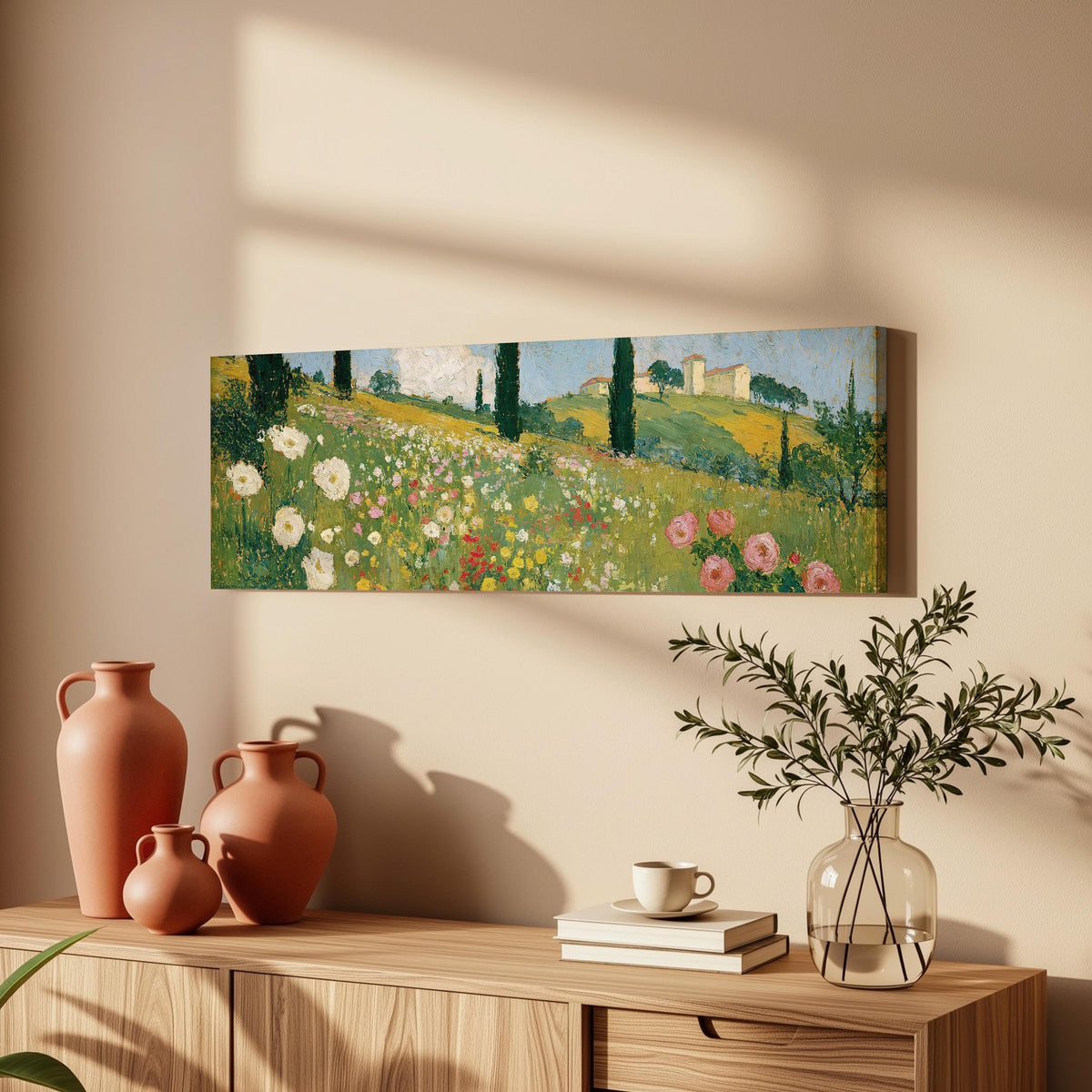 Tuscan wildflower hillside with cypress trees long horizontal canvas print above a wooden sideboard