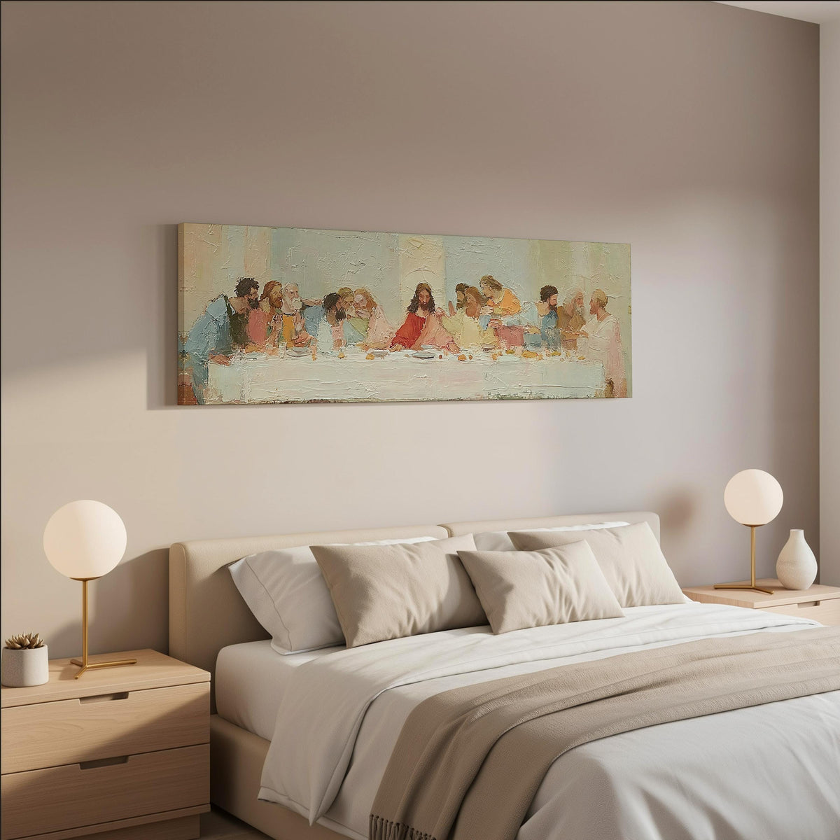 The Last Supper in a classic style wide panoramic canvas print above a bed in a neutral bedroom