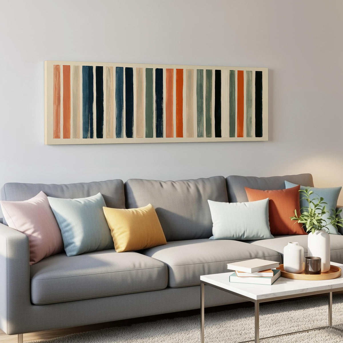 Bold peach, sage and navy stripes panoramic canvas print above a grey sofa in a living room