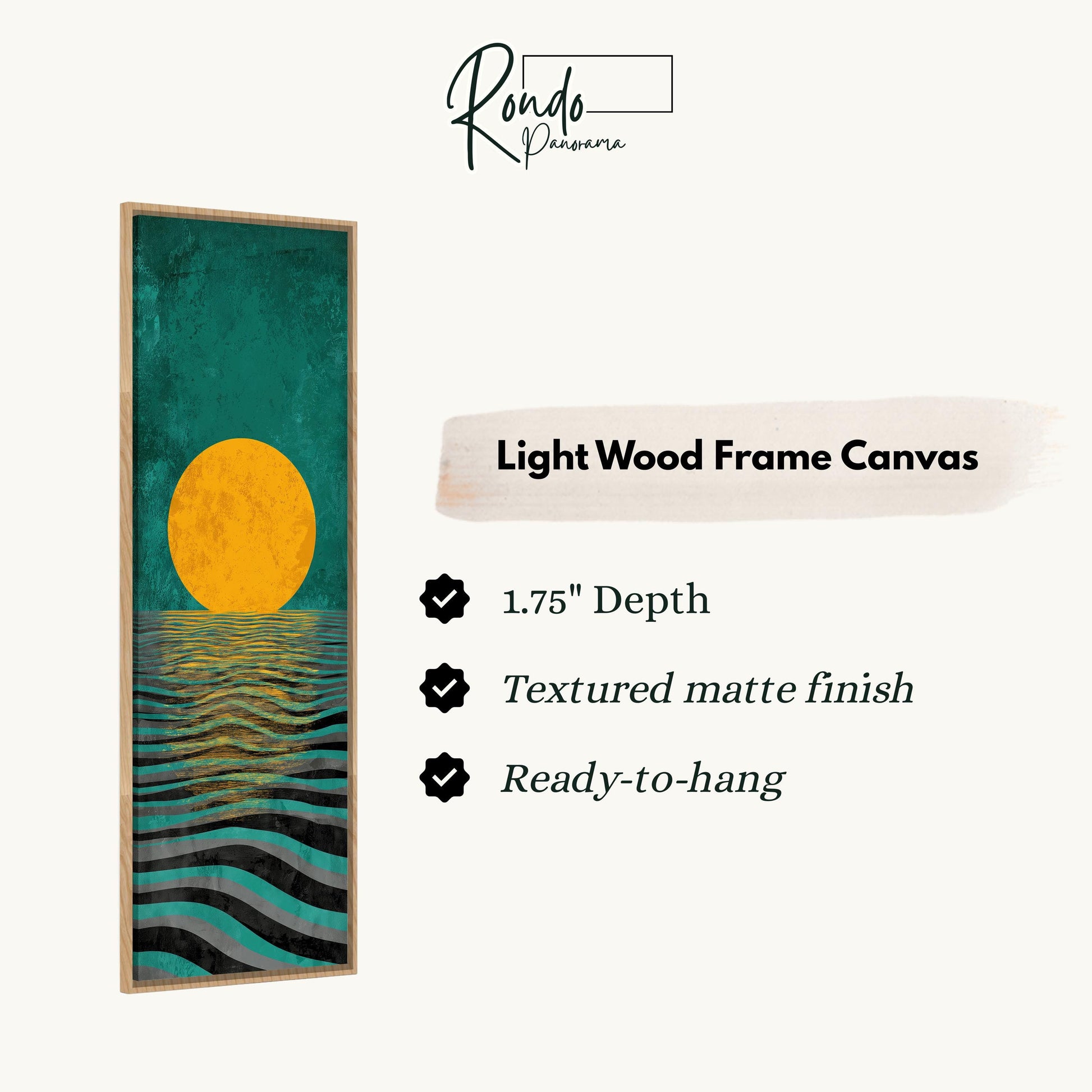 The image is a light wood frame canvas featuring a vibrant abstract artwork depicting a sunset over a body of water.