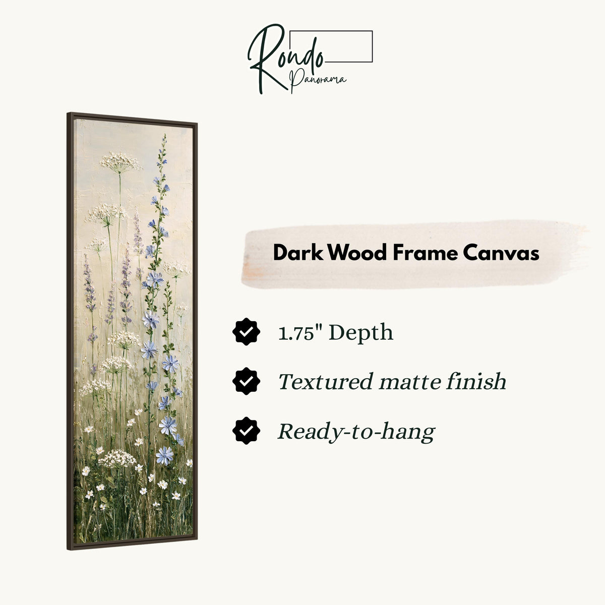 Chicory, lavender and Queen Anne's lace wildflowers canvas print in a dark wood floating frame