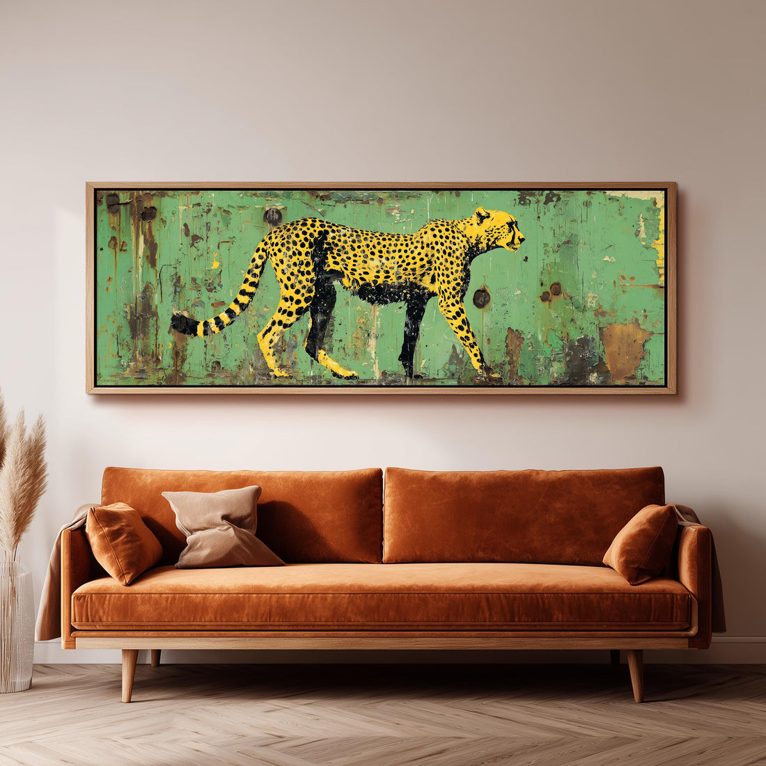 a checkered sofa with a large framed painting of a cheetah on the wall above it.