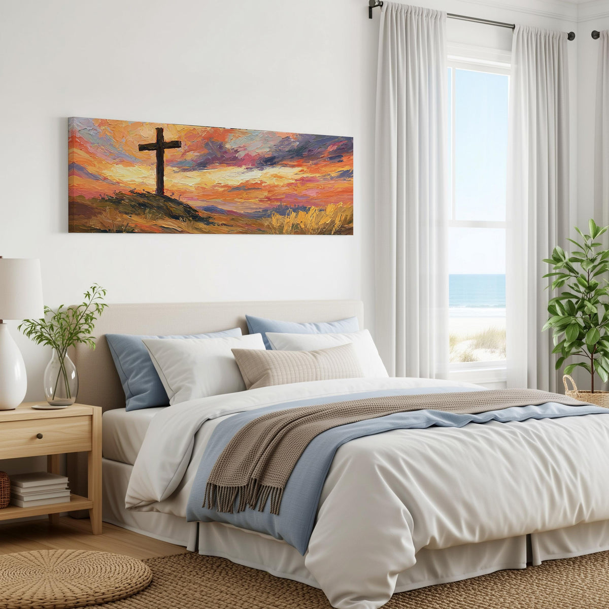 Cross on a hill at sunset panoramic canvas print above a bed in a coastal bedroom