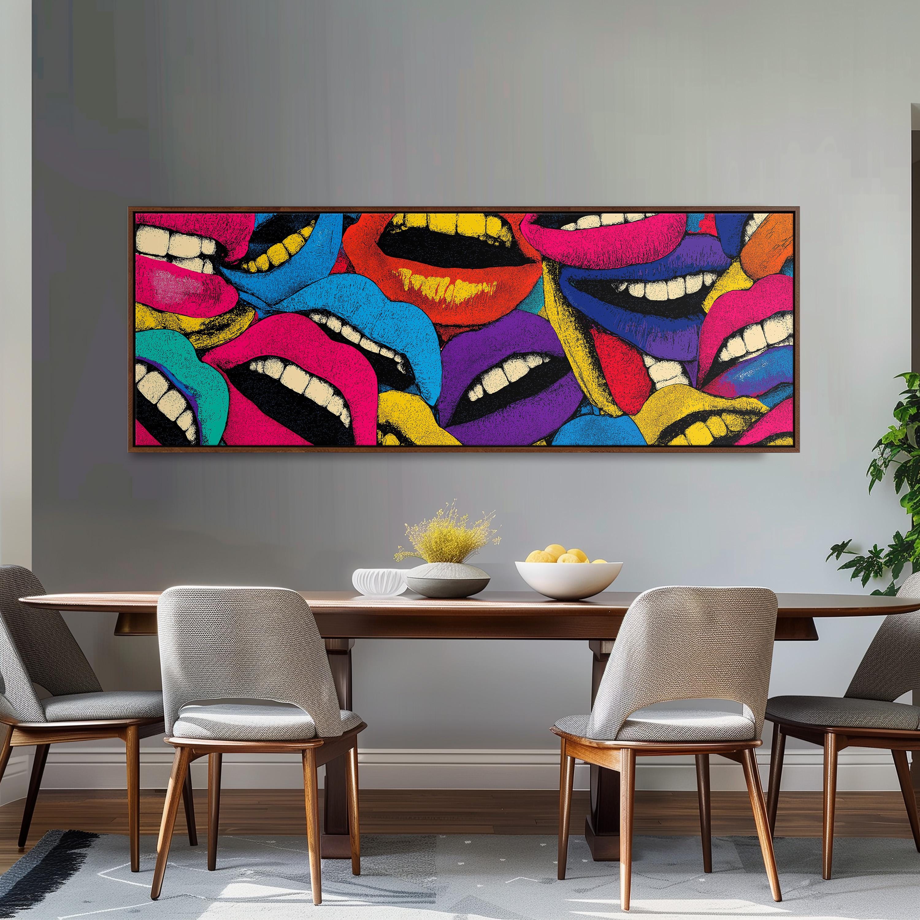 a dining room with a large, colorful painting of lips hanging on the wall above a wooden dining table with four chairs.