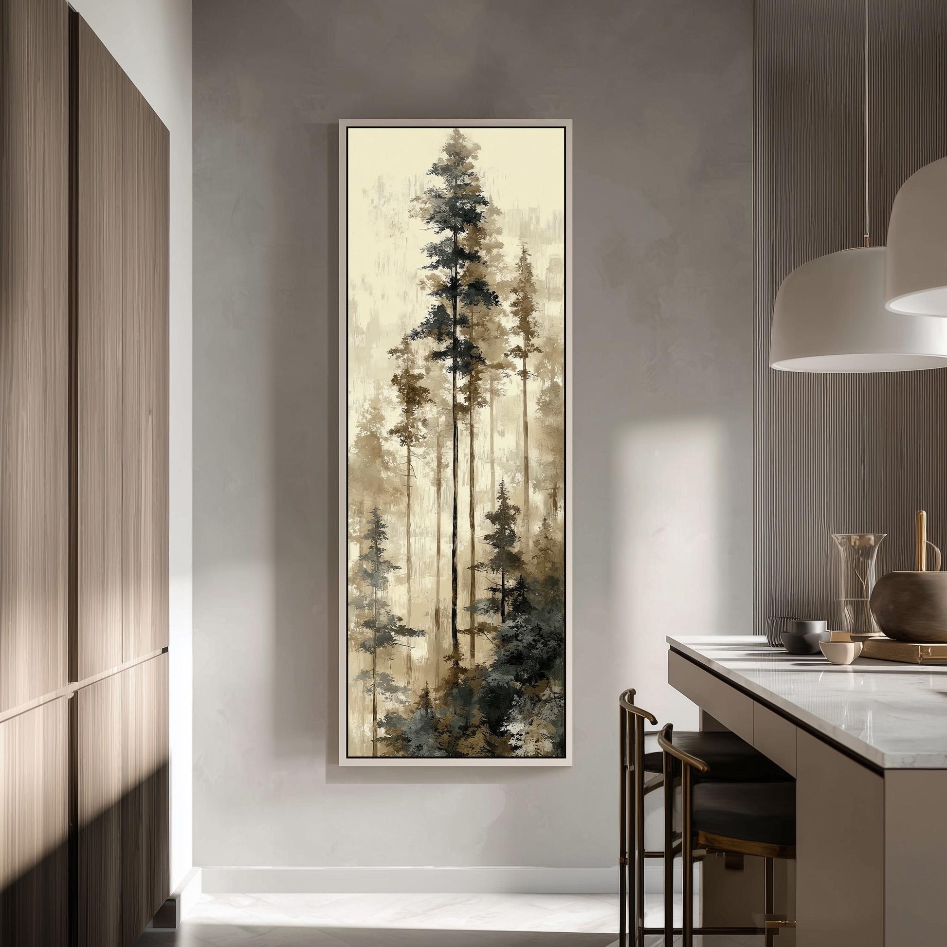 a large painting of a forest scene hanging on a wall in a modern kitchen.