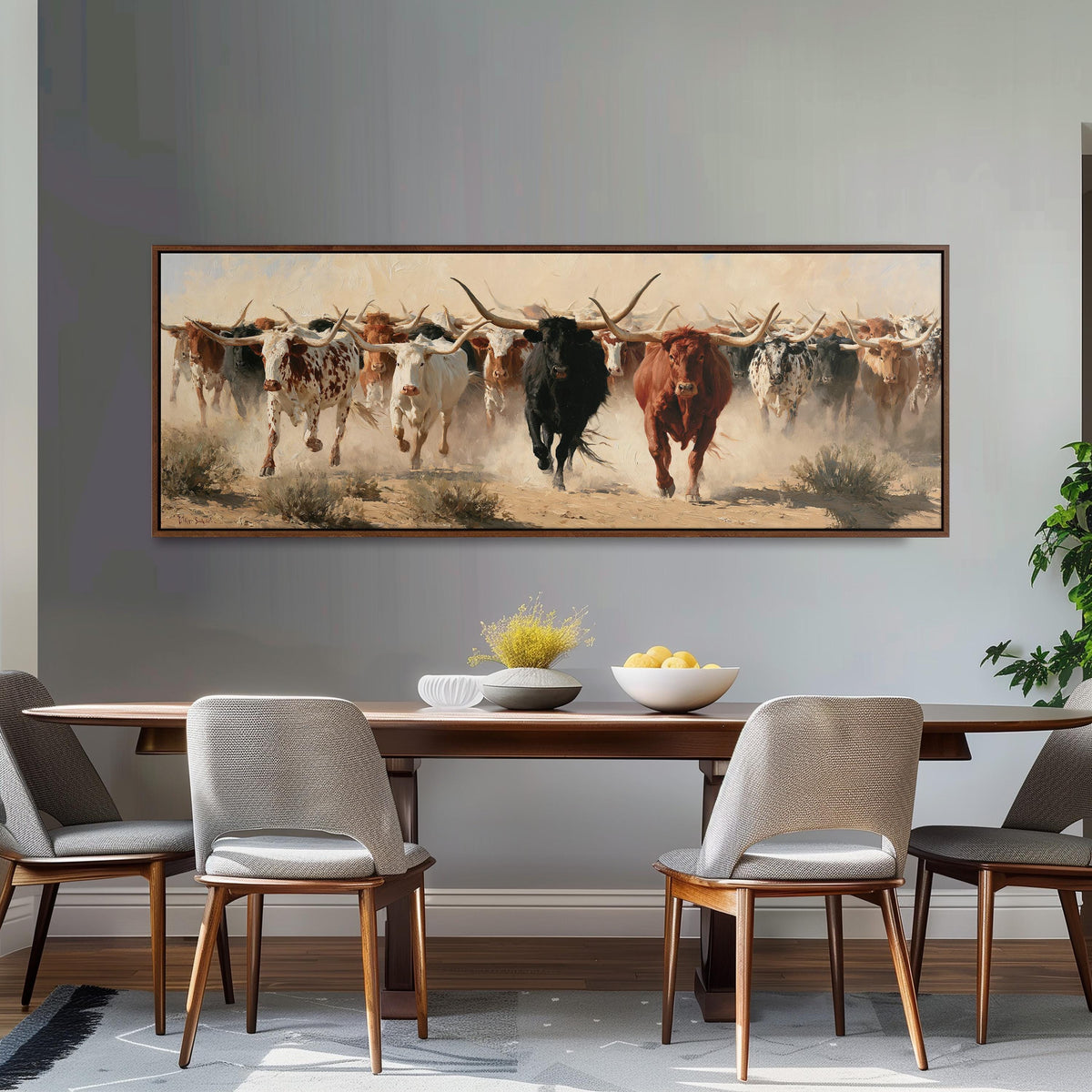Longhorn cattle stampede long horizontal canvas print above a dining table