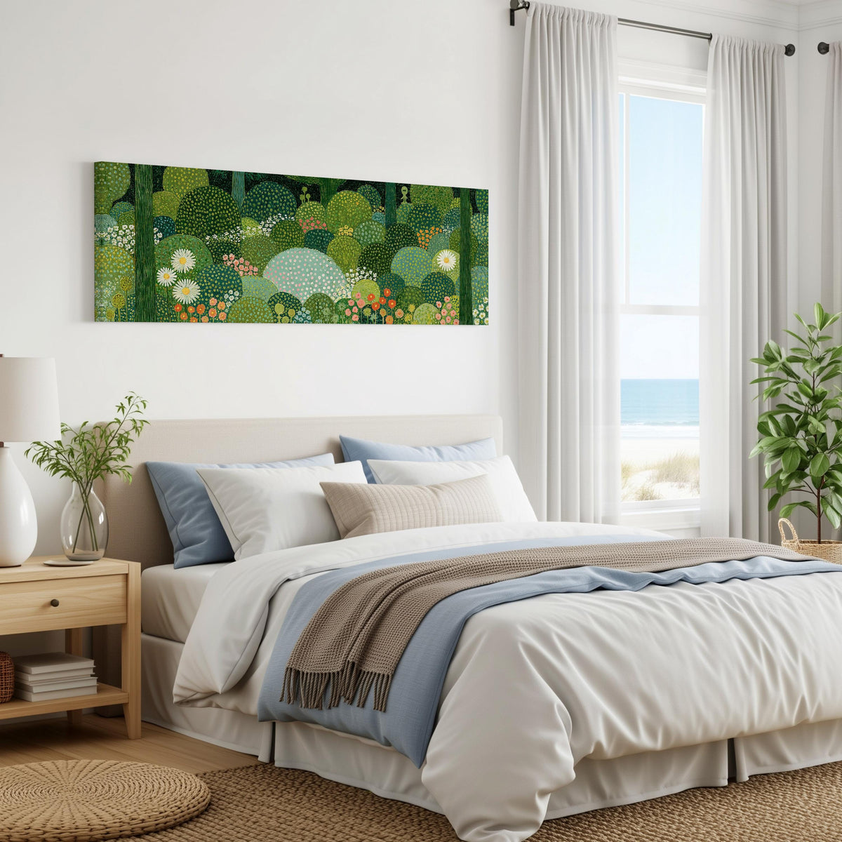 Whimsical dotted topiary garden panoramic canvas print above a bed in a coastal bedroom