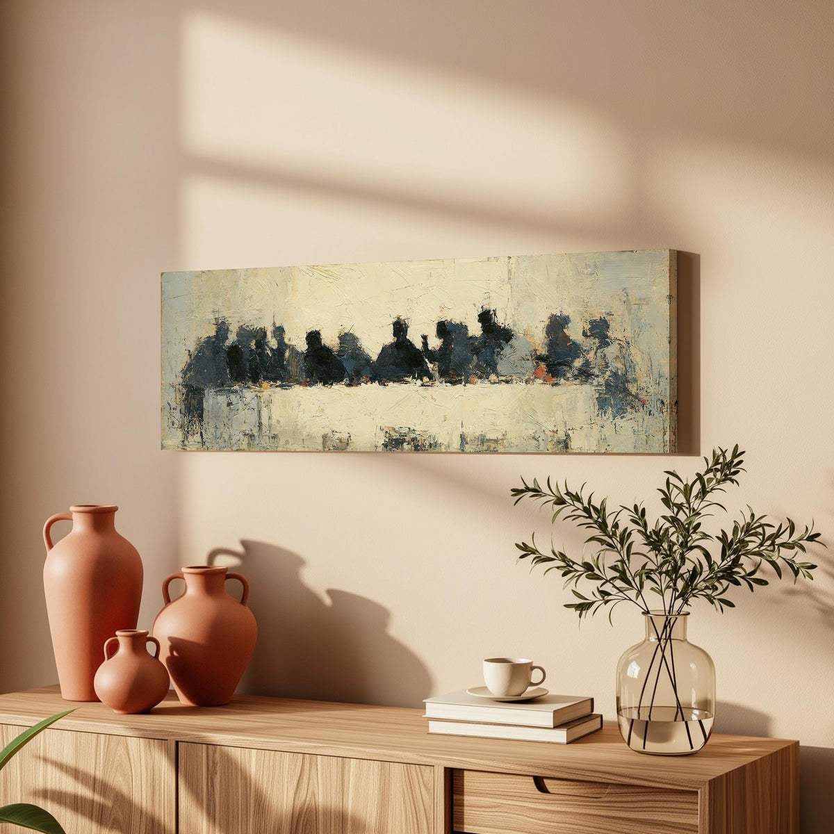Abstract silhouette Last Supper long horizontal canvas print above a wooden sideboard