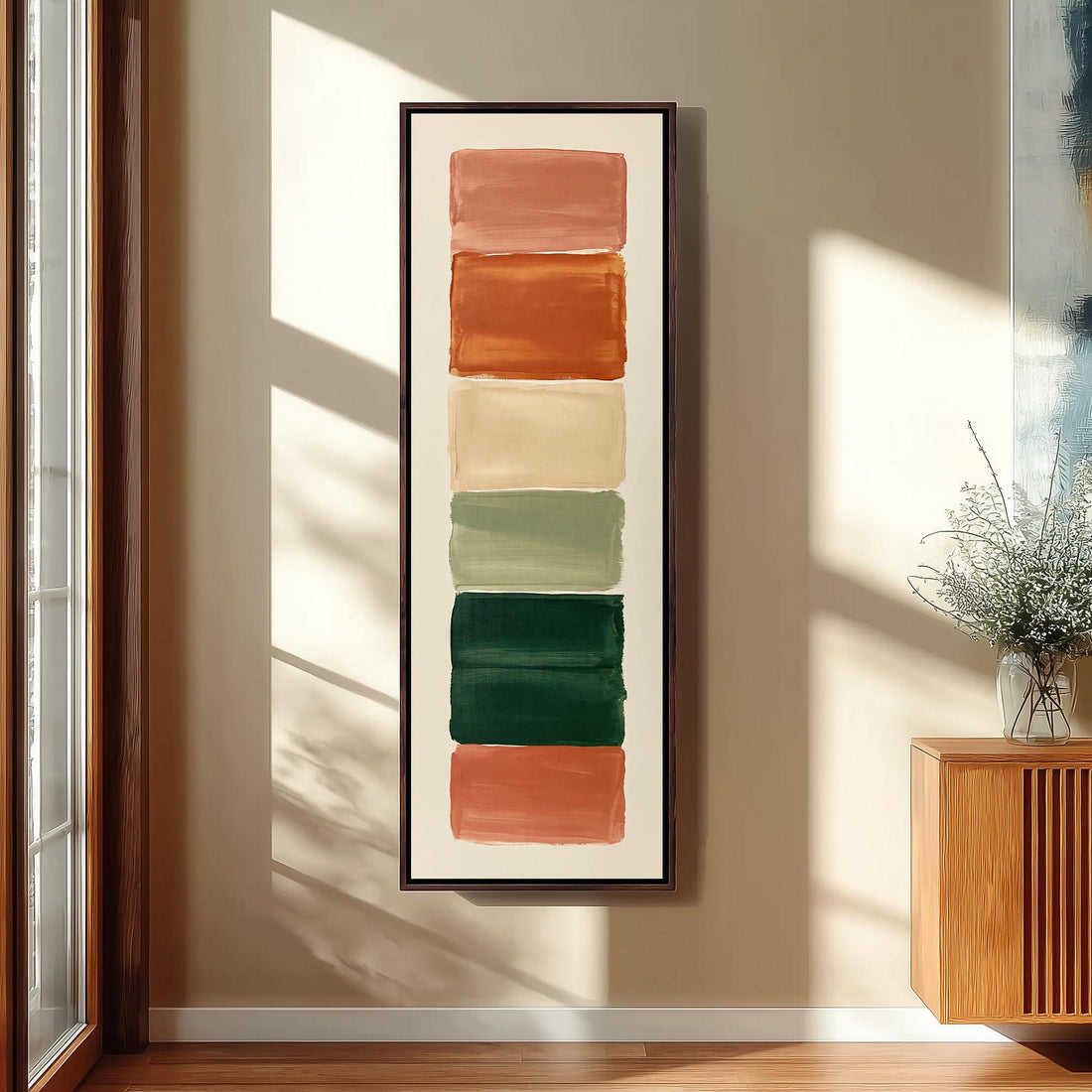 Stack of terracotta, cream and sage swatches long vertical canvas print in a sunlit living space