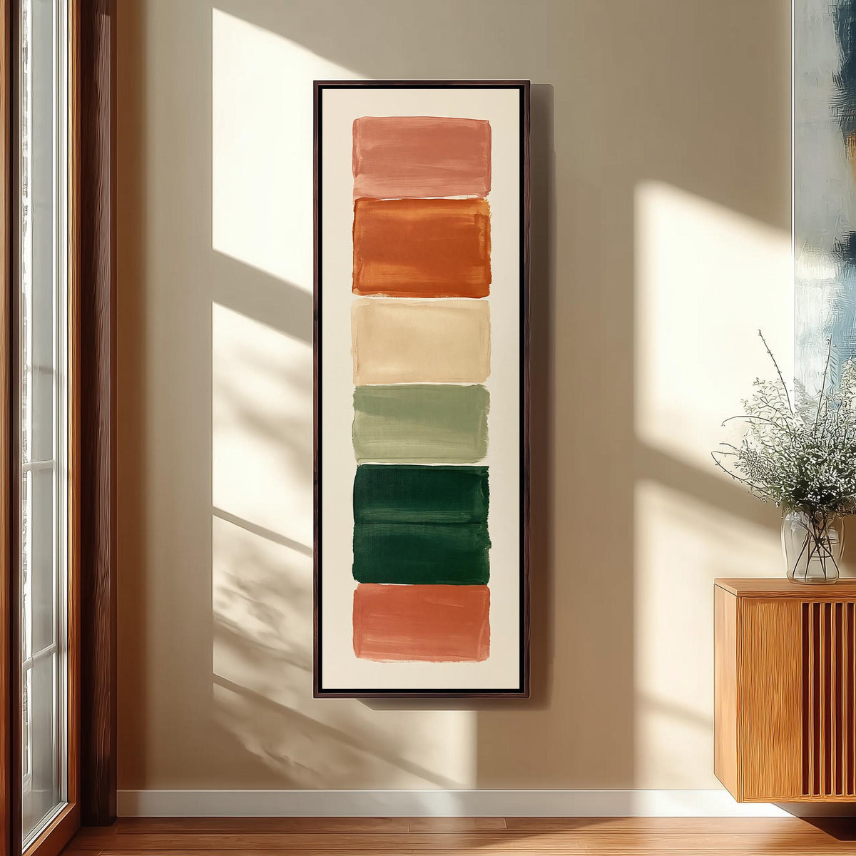 Stack of terracotta, cream and sage swatches tall skinny canvas print in a sunlit living space