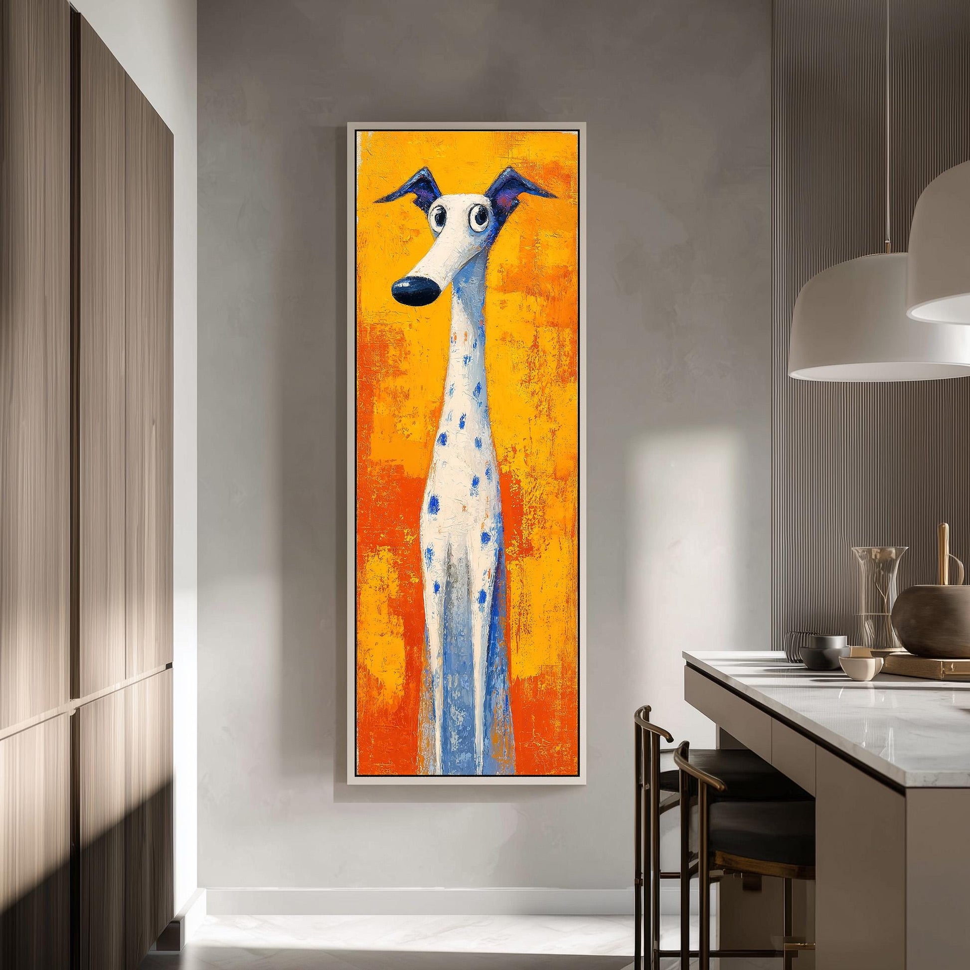 a large, colorful painting of a dog with a white body and blue spots, hanging on a wall in a modern kitchen.