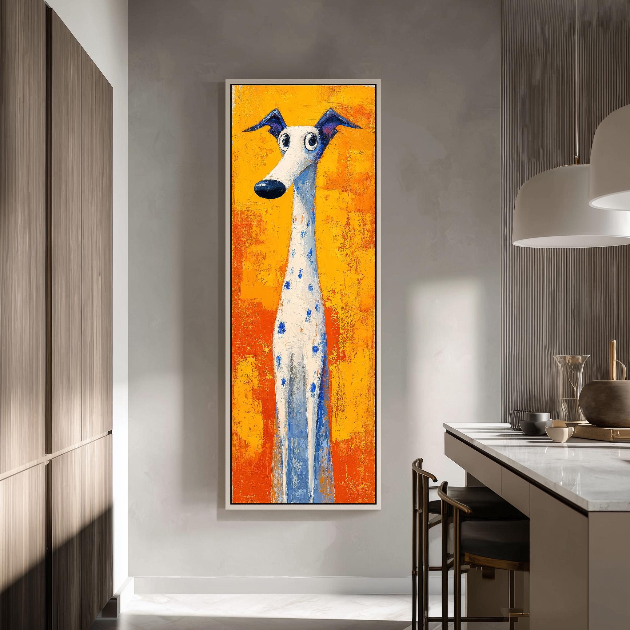 a large, colorful painting of a dog with a white body and blue spots, hanging on a wall in a modern kitchen.