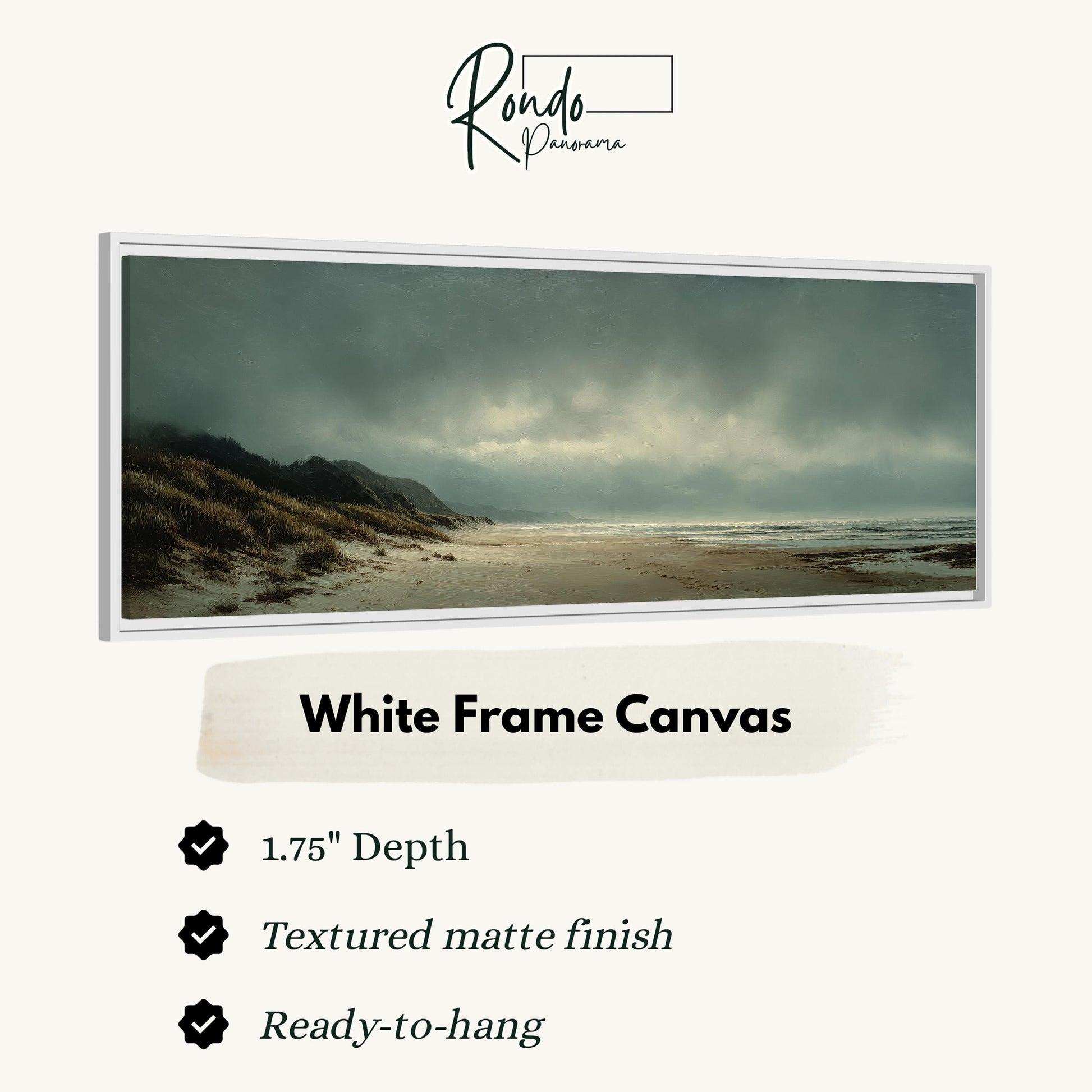 The image is a white frame canvas depicting a beach scene with mountains in the background.