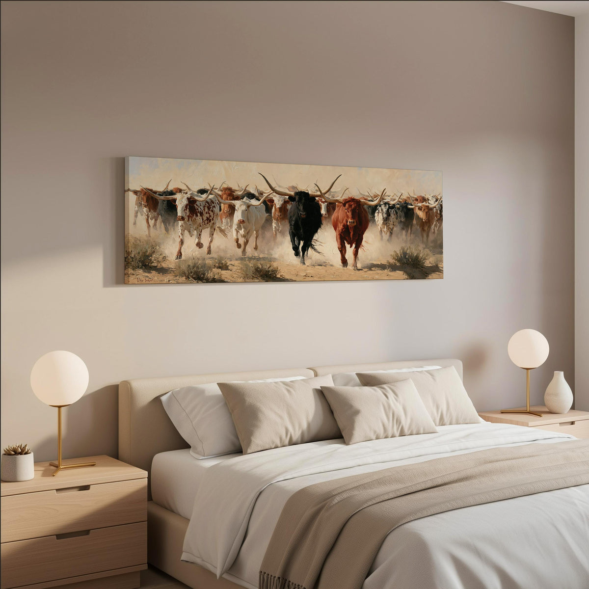 Longhorn cattle stampede wide panoramic canvas print above a bed in a neutral bedroom