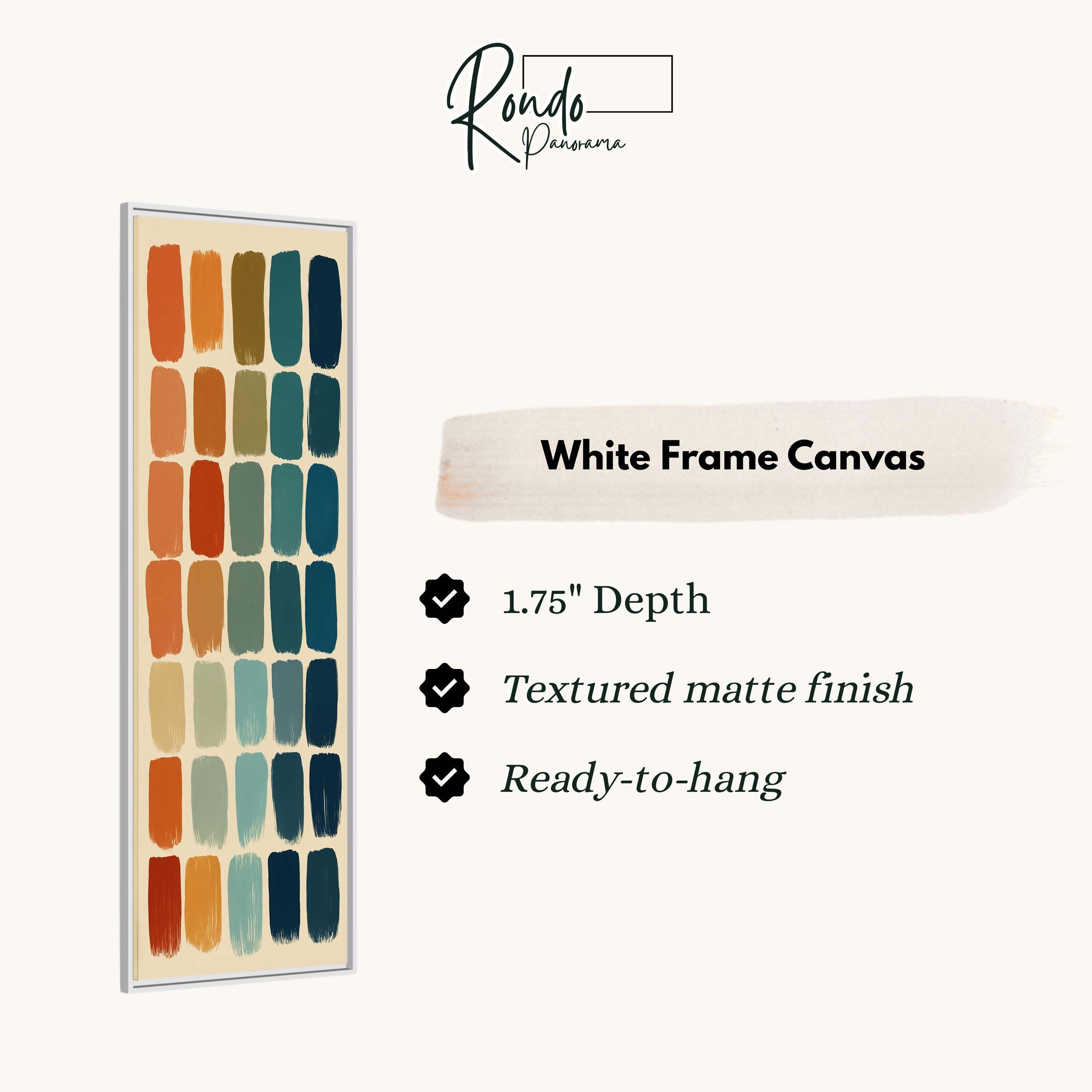 The image is a product description for a white frame canvas. It features a vertical arrangement of colorful brush strokes in various shades of orange, green, blue, and yellow. The product has a 1.75" depth, a textured matte finish, and is ready to hang.