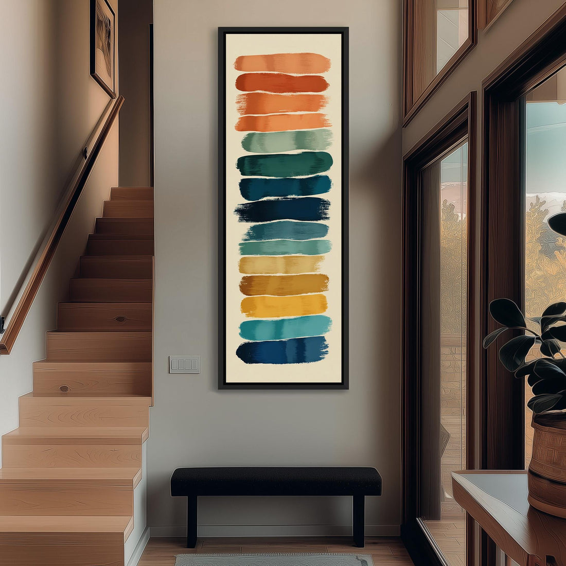 a large, colorful abstract painting hanging on a wall in a room with wooden paneling.