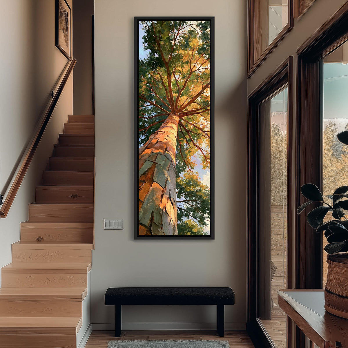 Sunlit pine trunk rising into a green and gold canopy tall narrow canvas print beside a staircase in an entryway