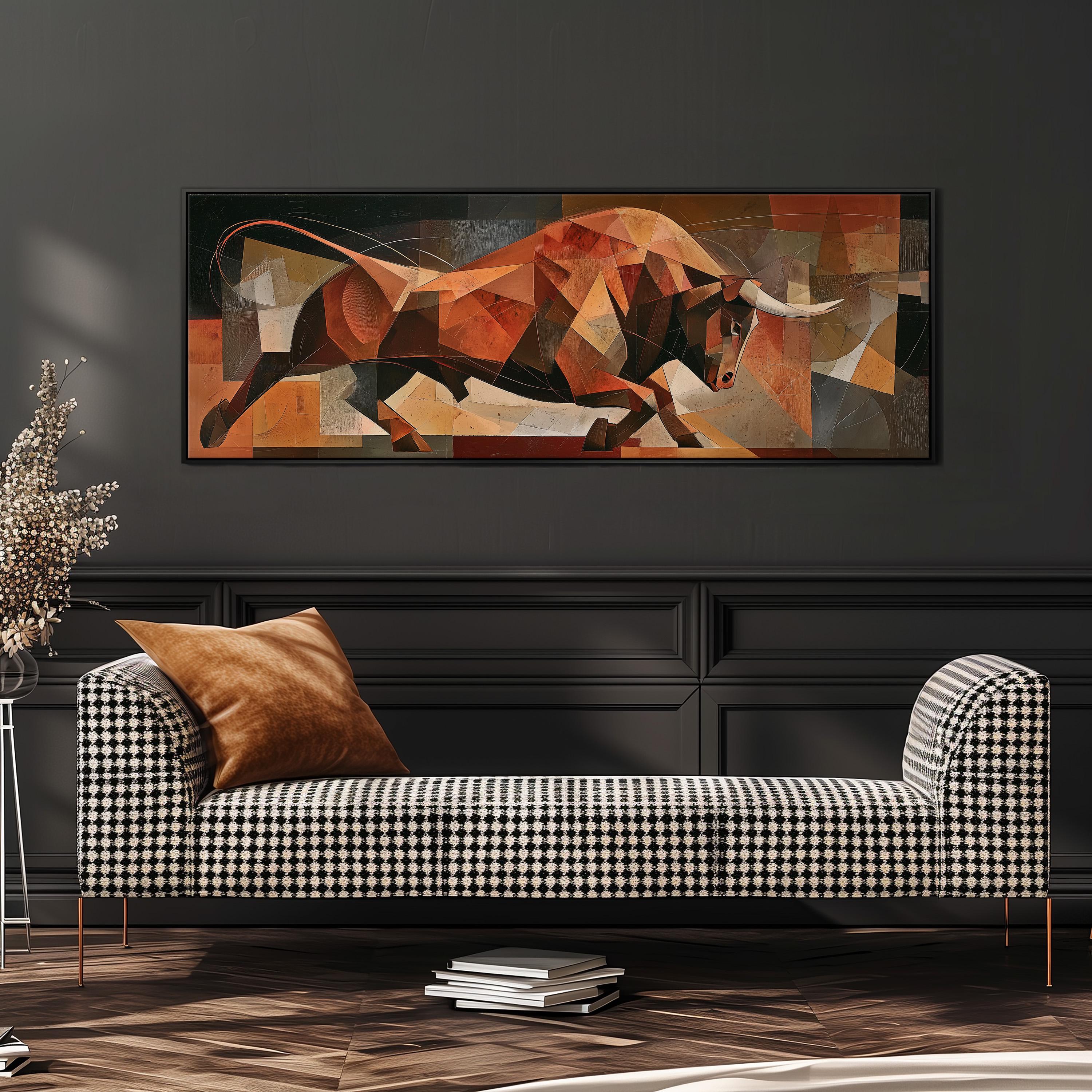 a large abstract painting of a bull on the wall above a black and white checkered sofa in a living room setting.