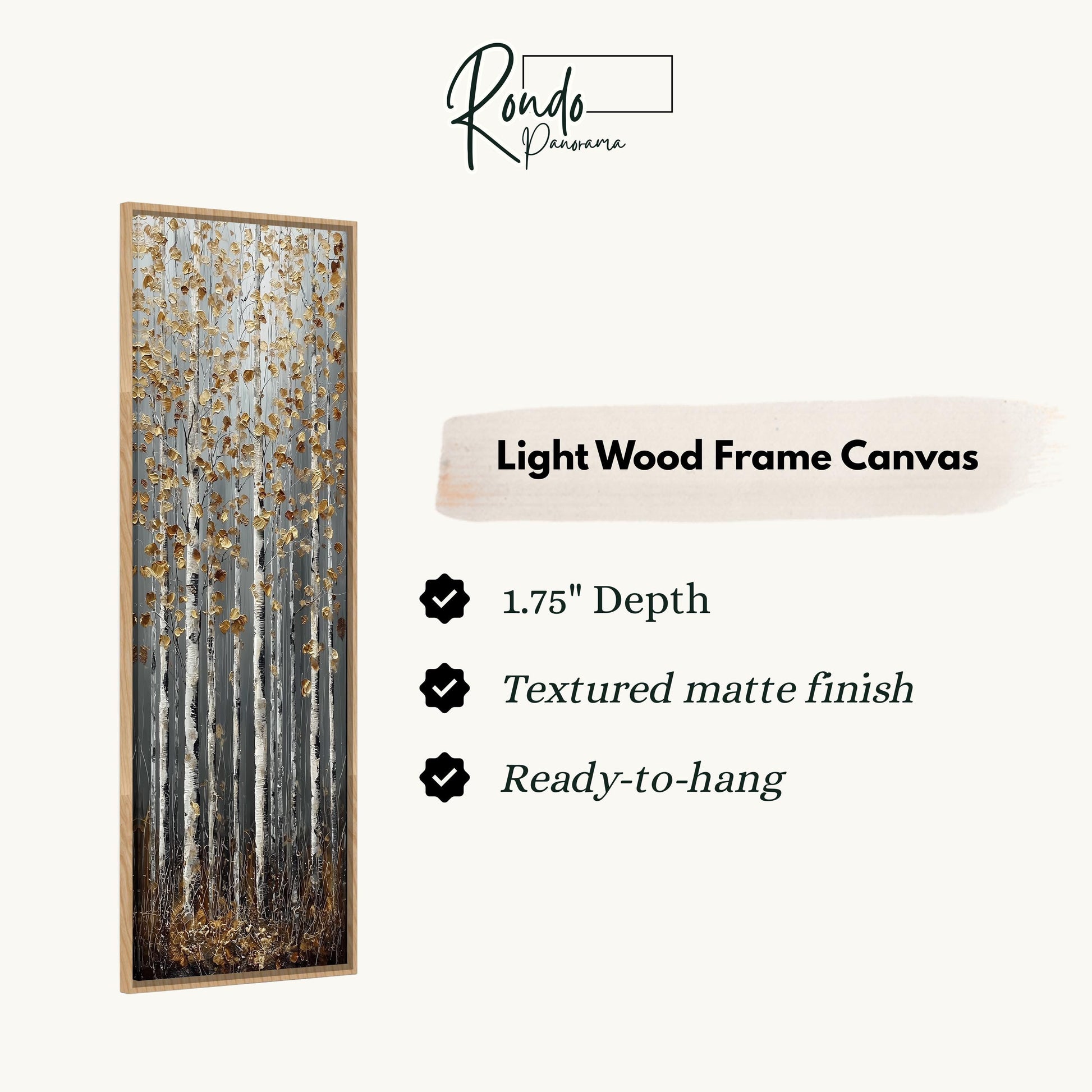 The image is a product description for a light wood frame canvas. It features a painting of a forest with tall trees and a textured matte finish. The canvas is 1.75" deep and ready to hang.
