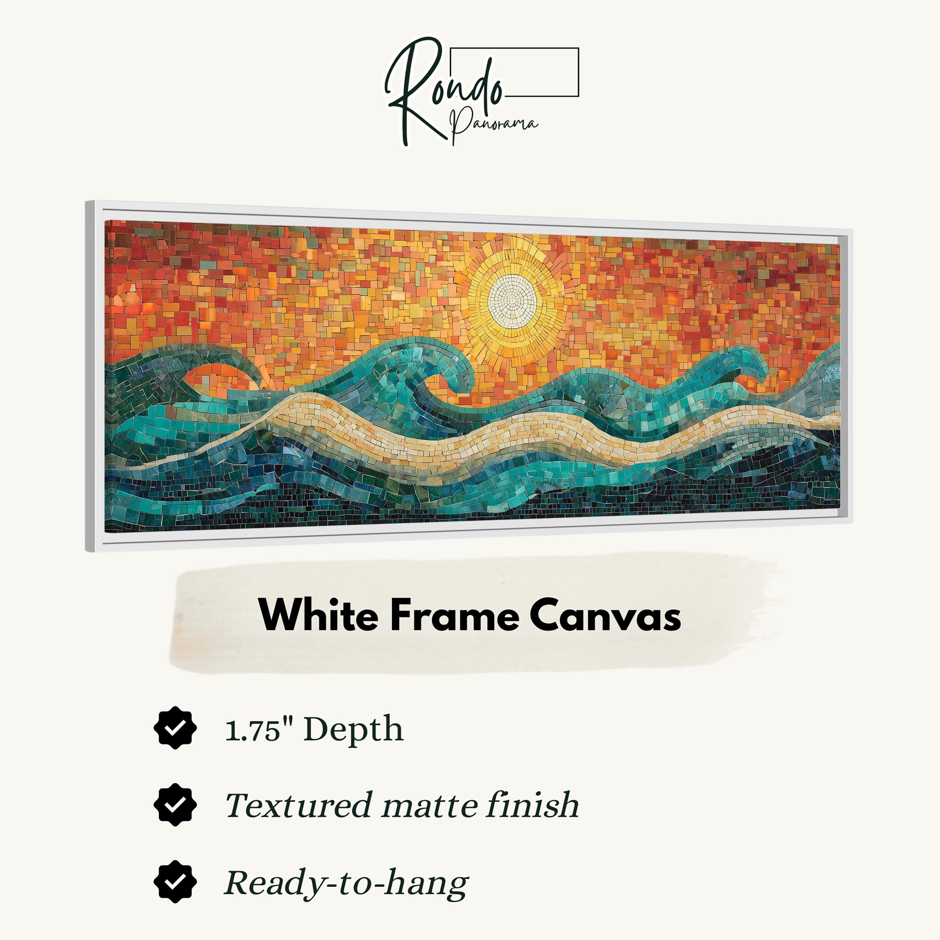 The image is a framed artwork depicting a vibrant mosaic of a sunset over a wave, with a white frame.
