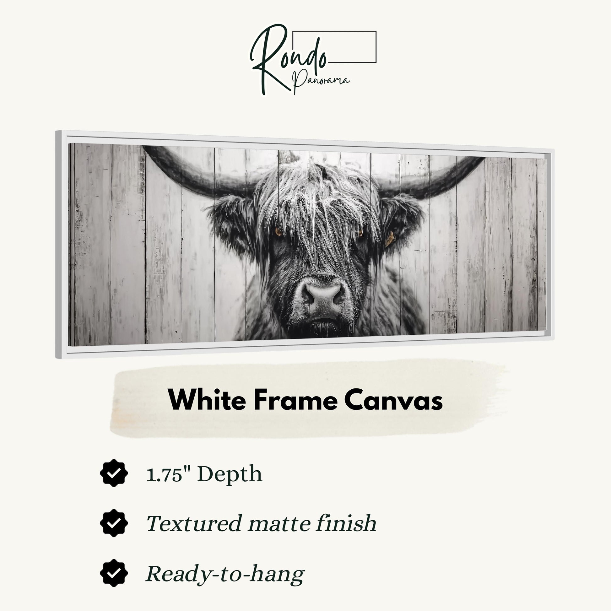 A close-up of a horned animal, likely a yak or a cow, with a textured matte finish. The image is described as a "White Frame Canvas" with a 1.75" depth and a "Textured matte finish". The text indicates that the canvas is ready to hang.