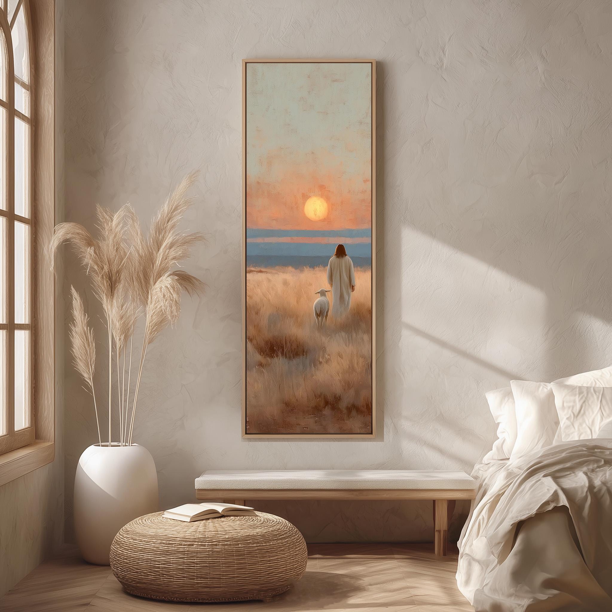 a serene indoor setting with a large painting of a person in a white robe and a dog in a field, with a sunset in the background.