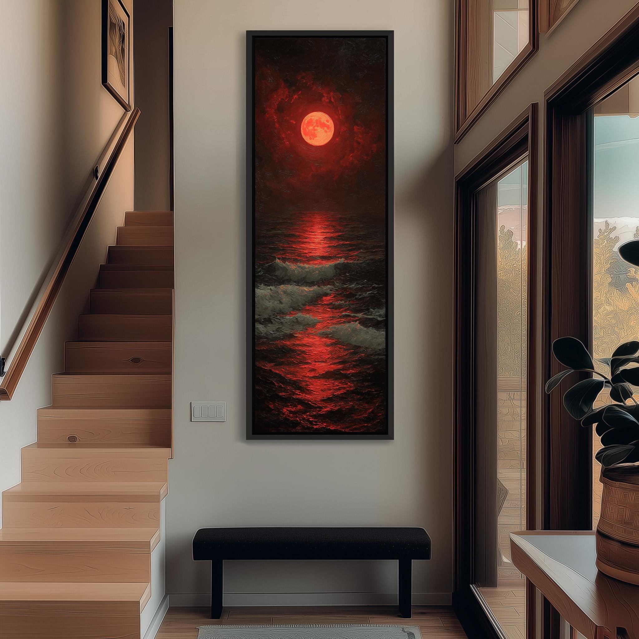 Tall Narrow Blood Red Moon - Long Vertical Seascape Painting