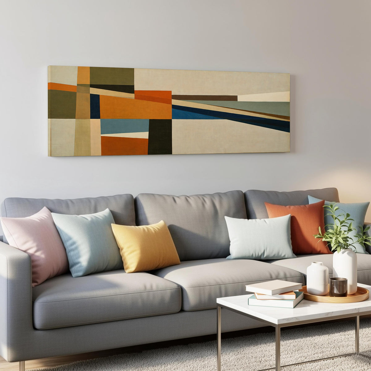 Olive and rust geometric blocks panoramic canvas print above a grey sofa in a living room