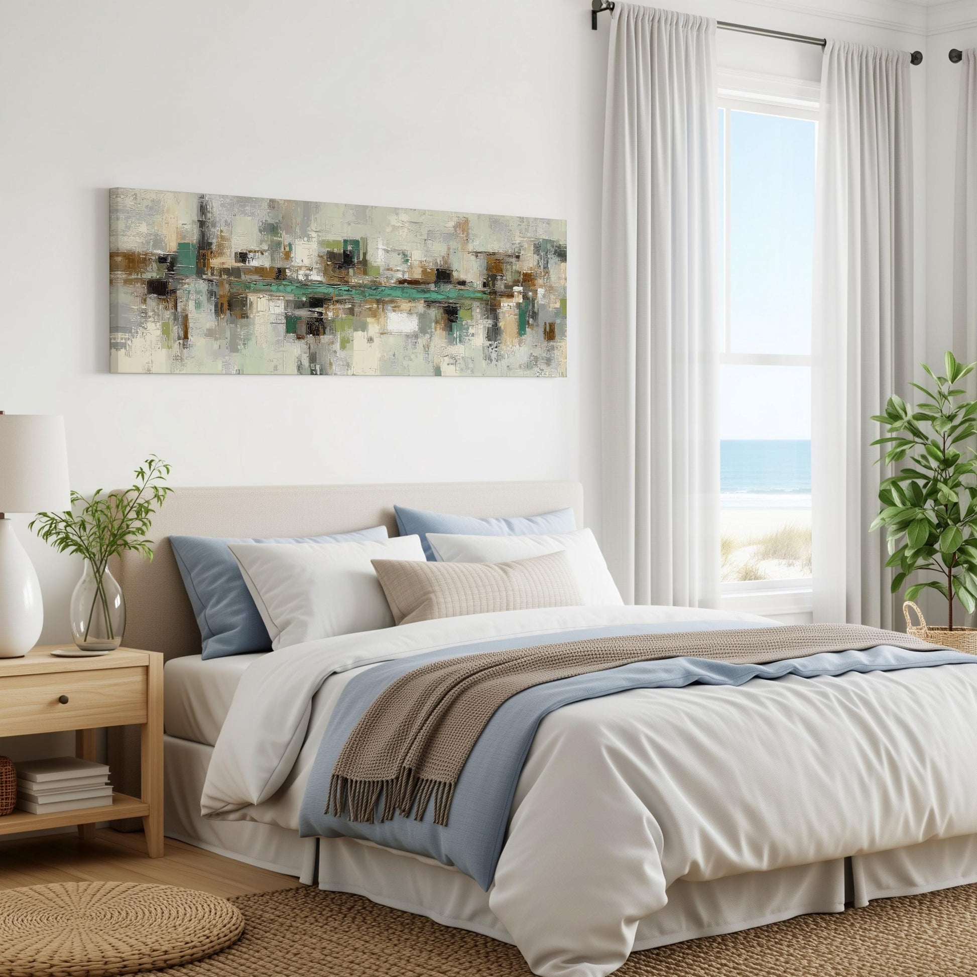 a serene and modern bedroom with a large bed, a painting on the wall, and a window overlooking the ocean.