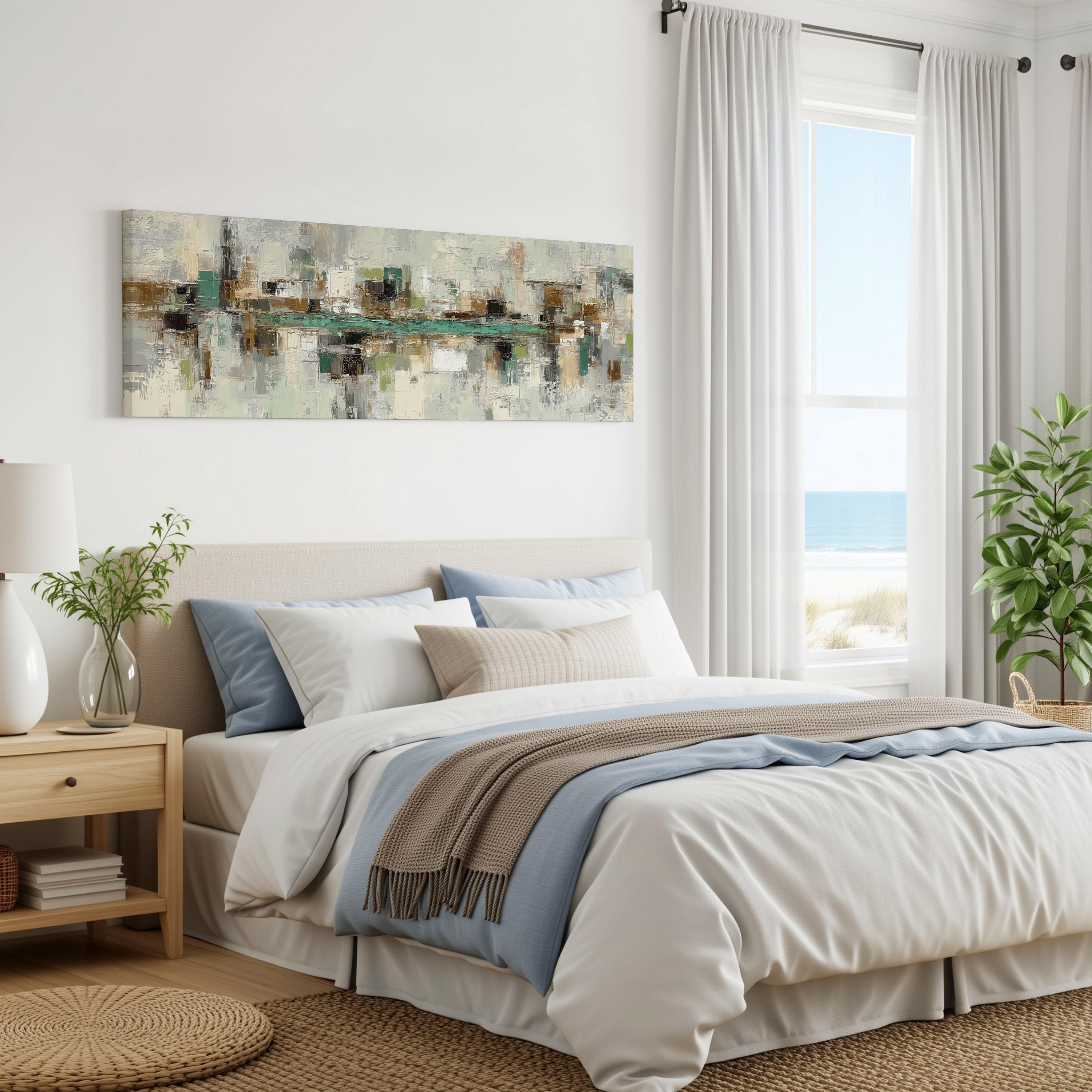 a serene and modern bedroom with a large bed, a painting on the wall, and a window overlooking the ocean.